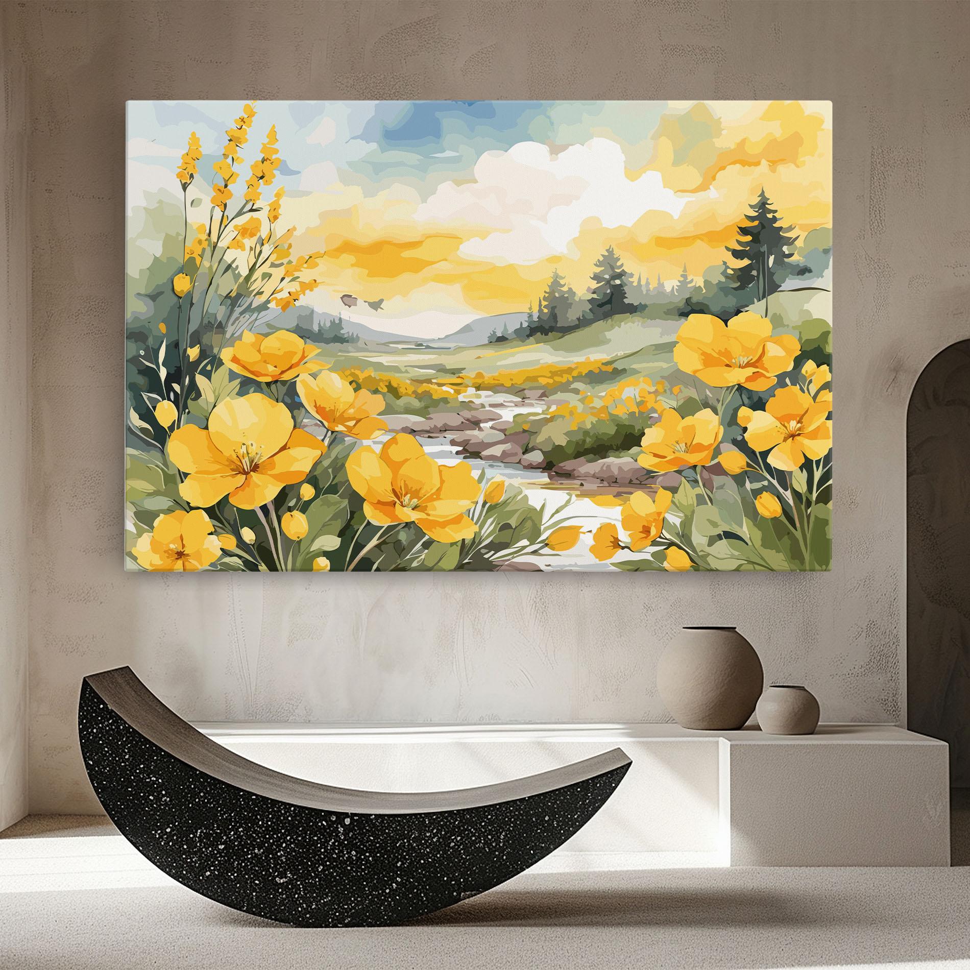 Vászonkép Vector_nature_landscape_with_beautiful_yellow_flowers_watercolor mockup 8