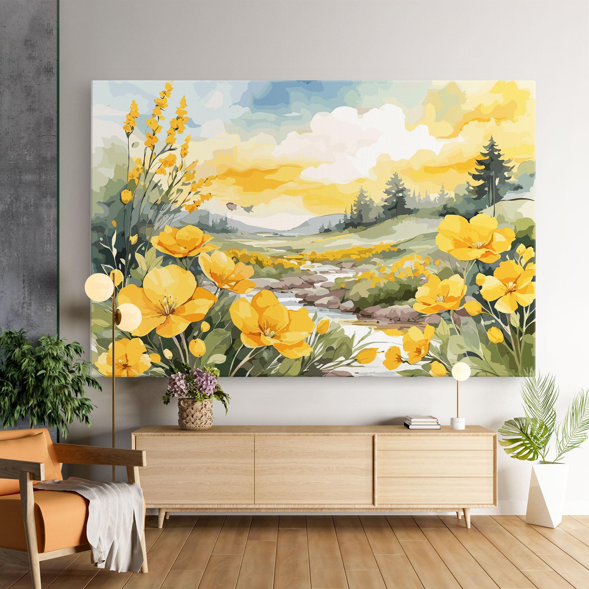 Vászonkép Vector_nature_landscape_with_beautiful_yellow_flowers_watercolor mockup 9