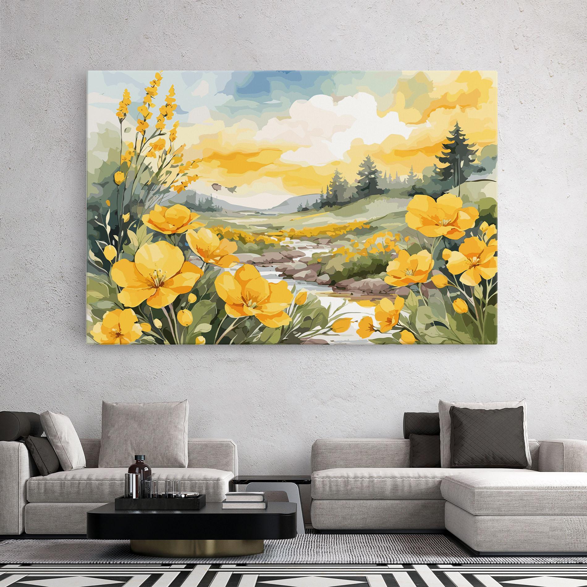 Vászonkép Vector_nature_landscape_with_beautiful_yellow_flowers_watercolor mockup 2
