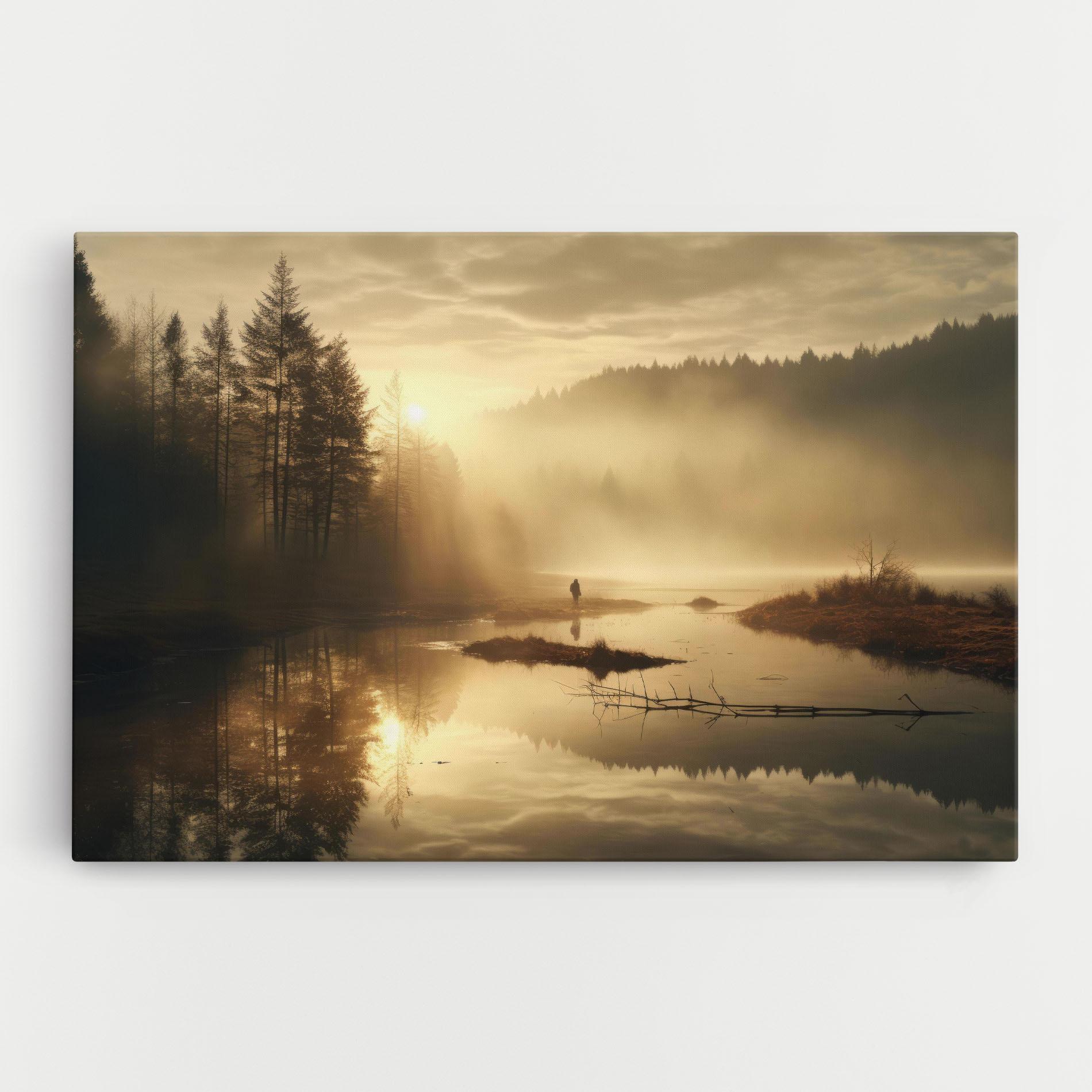 Vászonkép The Sun Is Rising Over A River In A Foggy Forest mockup 0