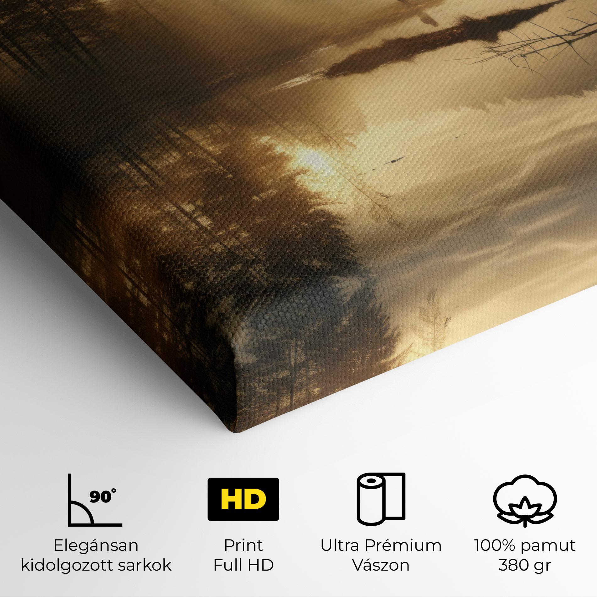 Vászonkép The Sun Is Rising Over A River In A Foggy Forest mockup 4