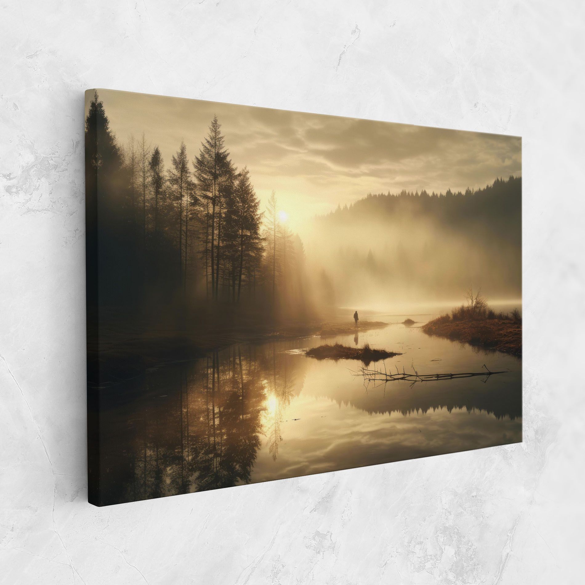 The Sun Is Rising Over A River In A Foggy Forest mockup 1