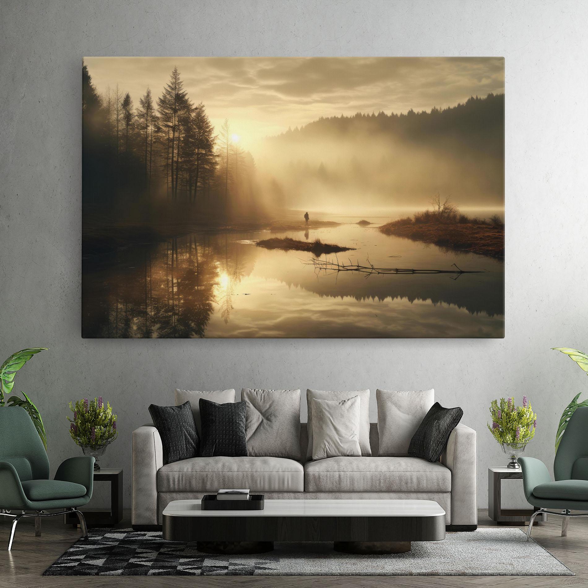 Vászonkép The Sun Is Rising Over A River In A Foggy Forest mockup 7