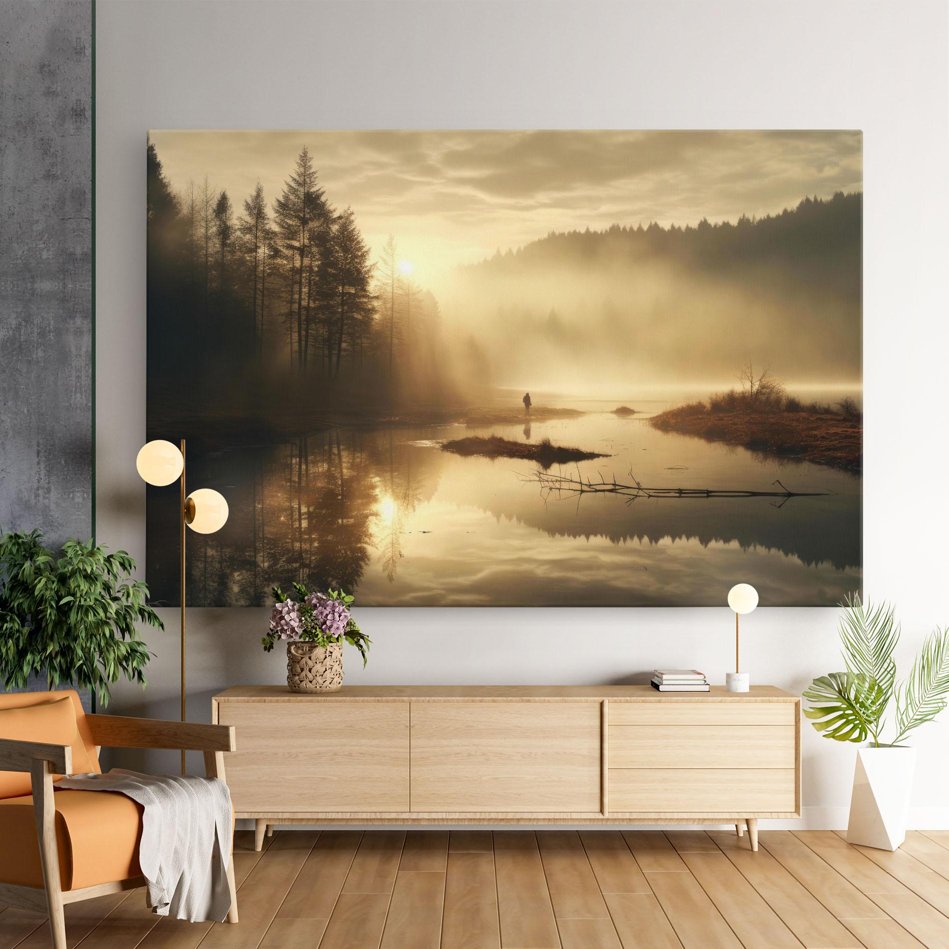 Vászonkép The Sun Is Rising Over A River In A Foggy Forest mockup 9