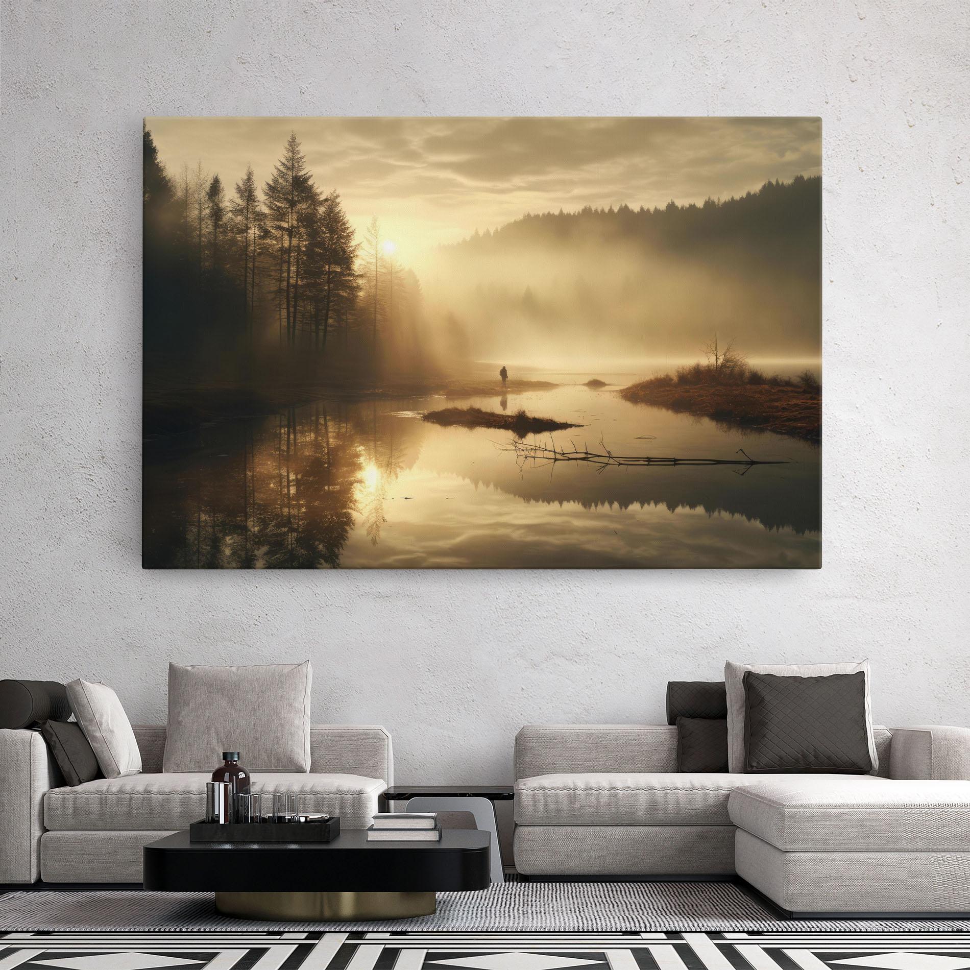 Vászonkép The Sun Is Rising Over A River In A Foggy Forest mockup 2