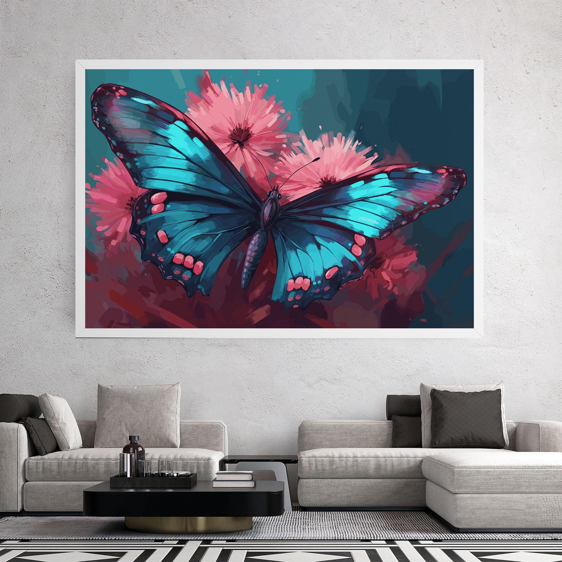 Vászonkép Blue Butterfly On Pink mockup 2