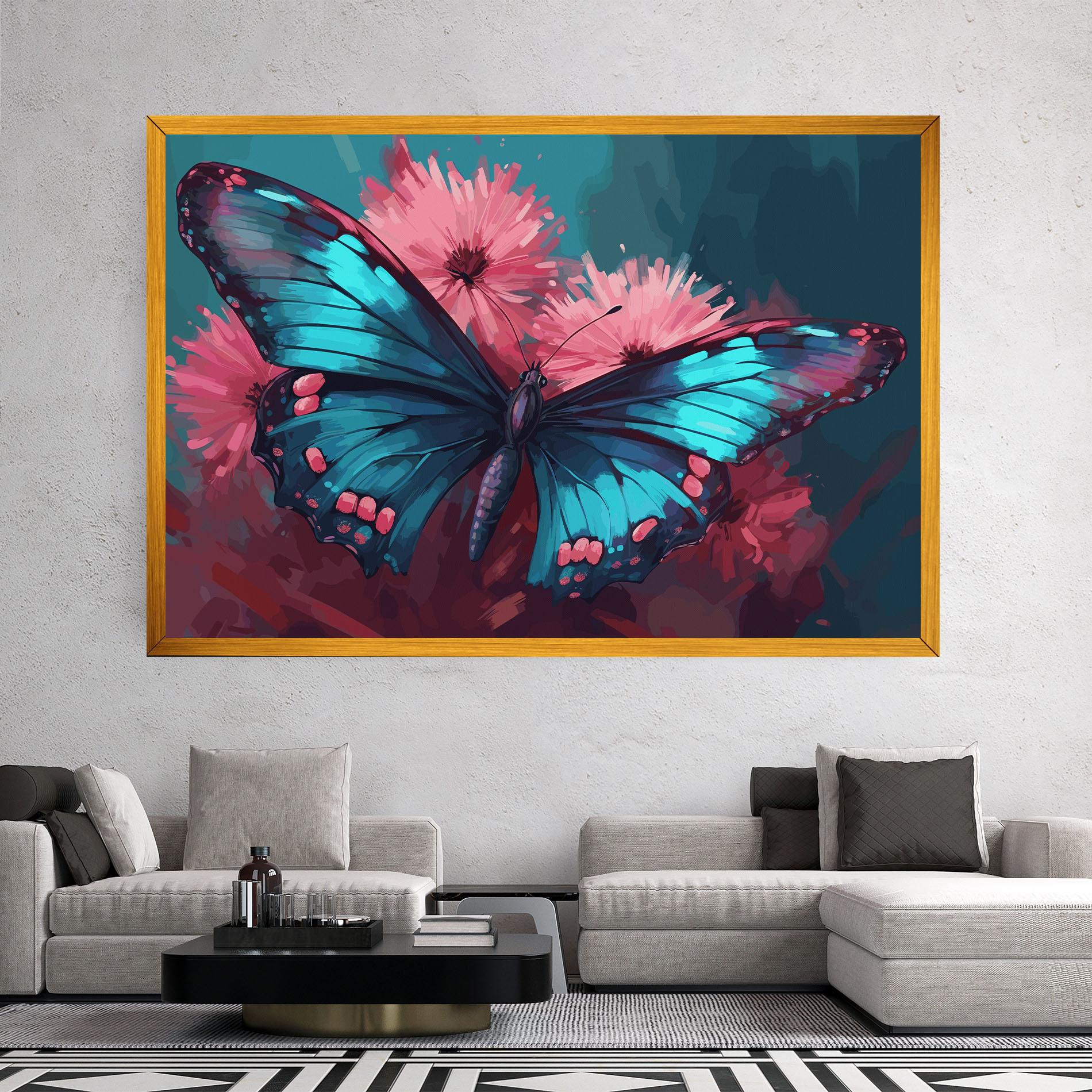 Vászonkép Blue Butterfly On Pink mockup 2