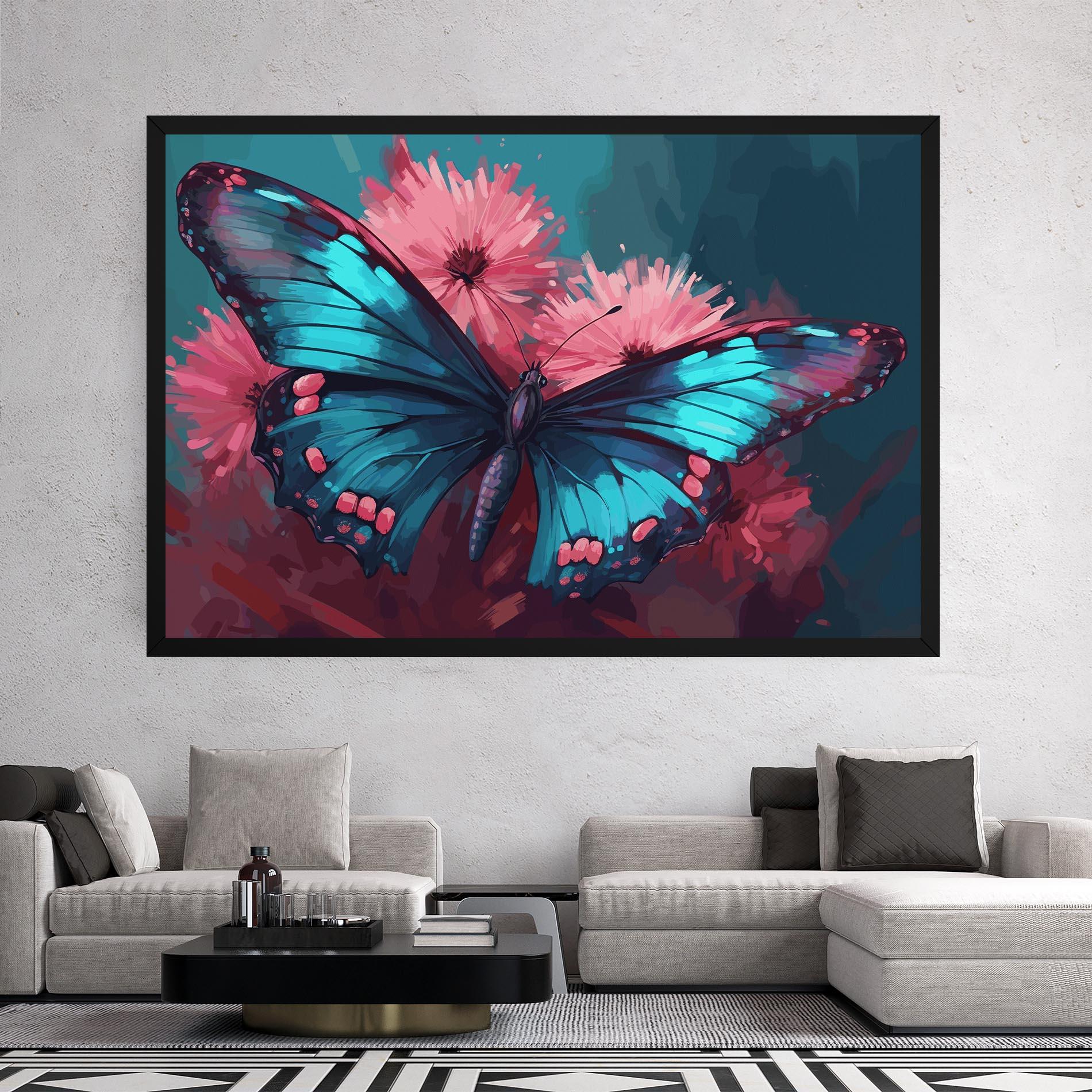 Vászonkép Blue Butterfly On Pink mockup 2