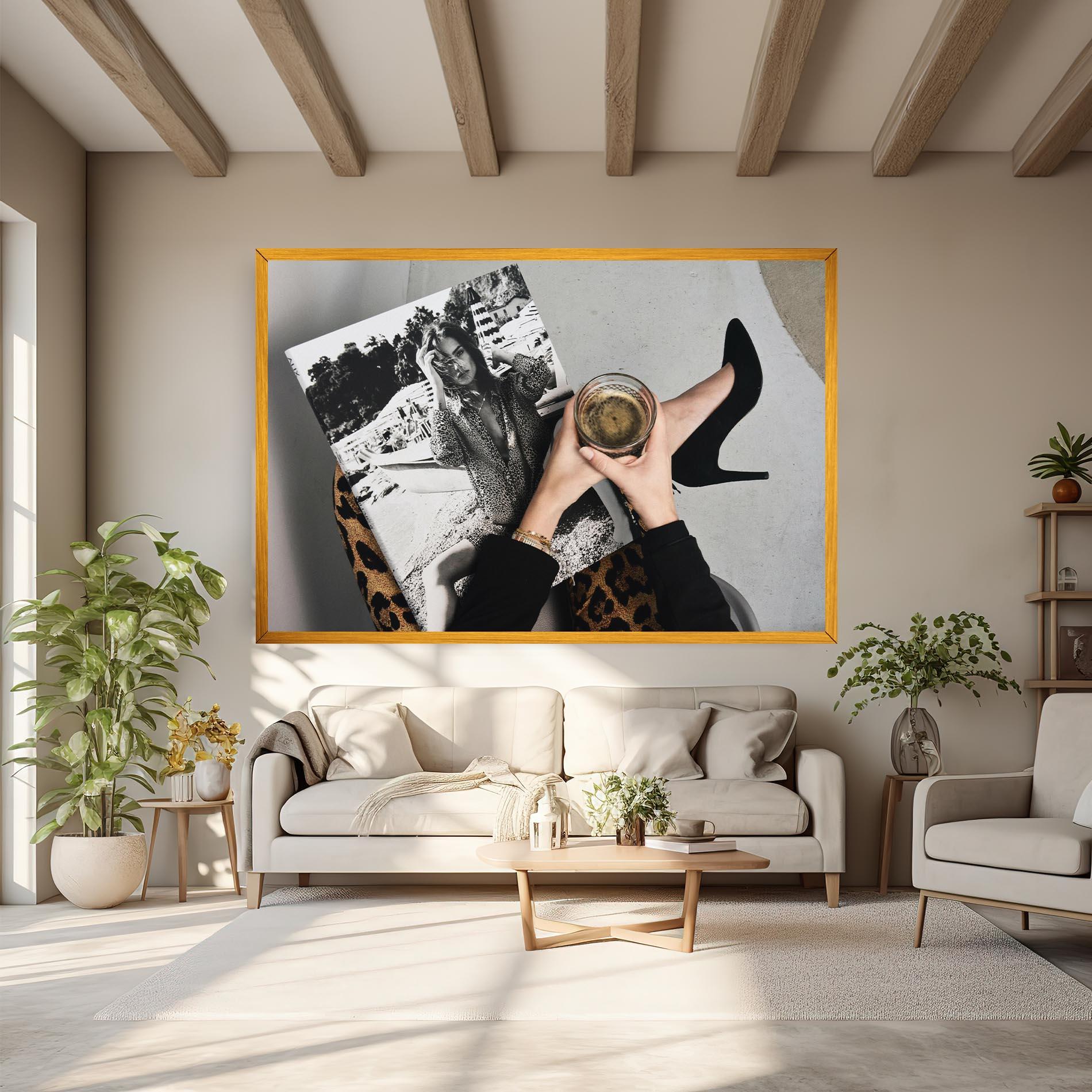 Vászonkép Black Shoes Holding Coffee mockup 6