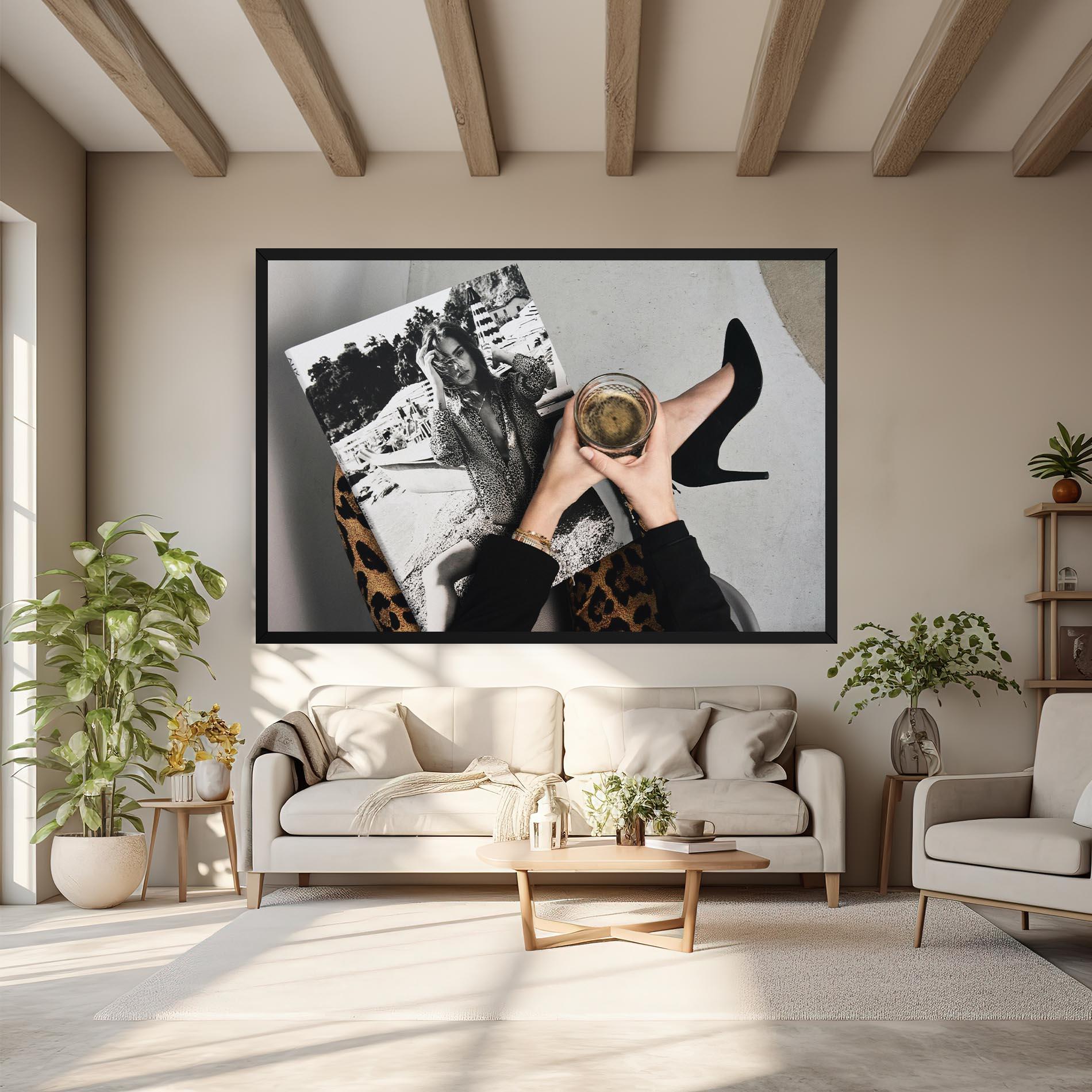 Vászonkép Black Shoes Holding Coffee mockup 6