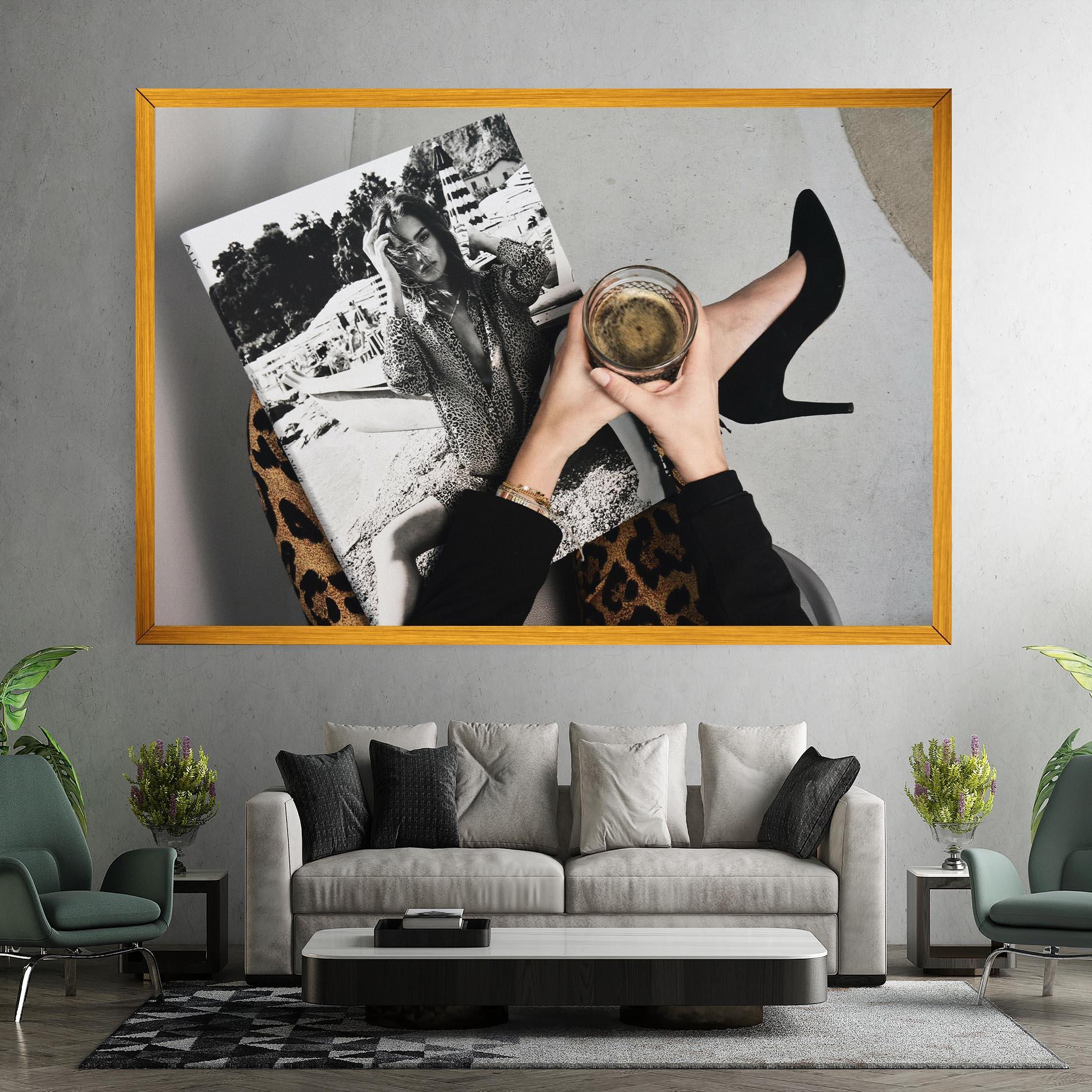 Vászonkép Black Shoes Holding Coffee mockup 7