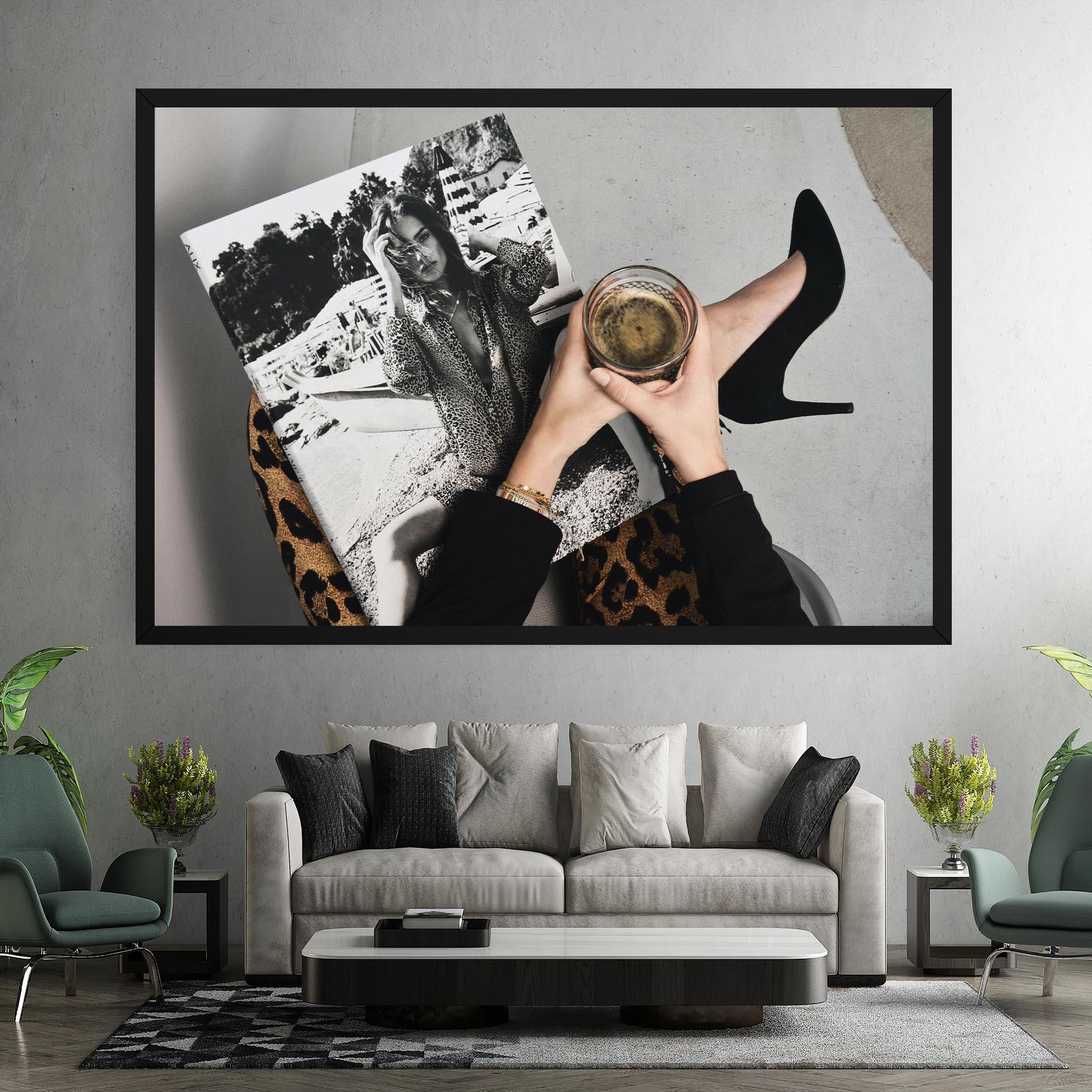 Vászonkép Black Shoes Holding Coffee mockup 7