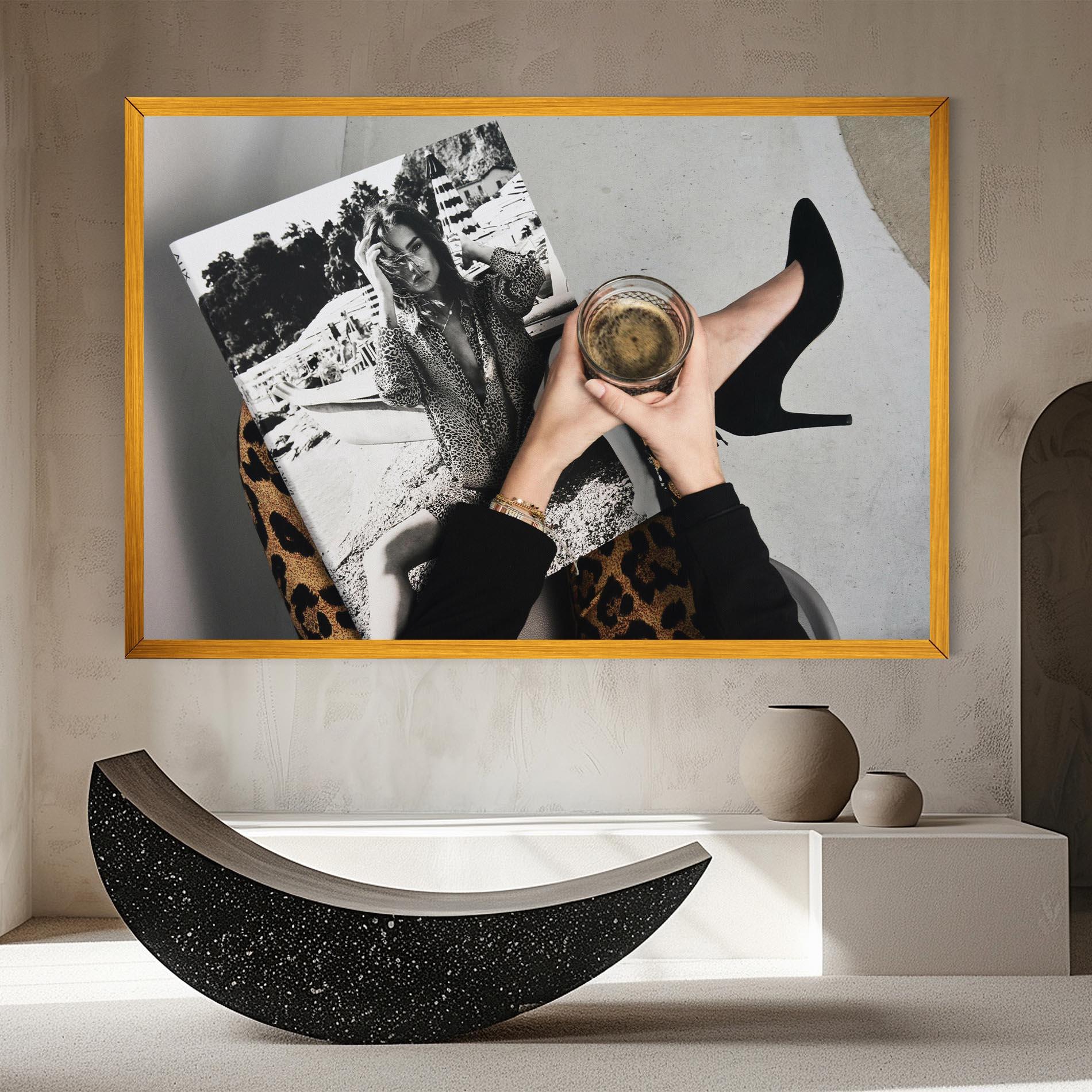 Vászonkép Black Shoes Holding Coffee mockup 8