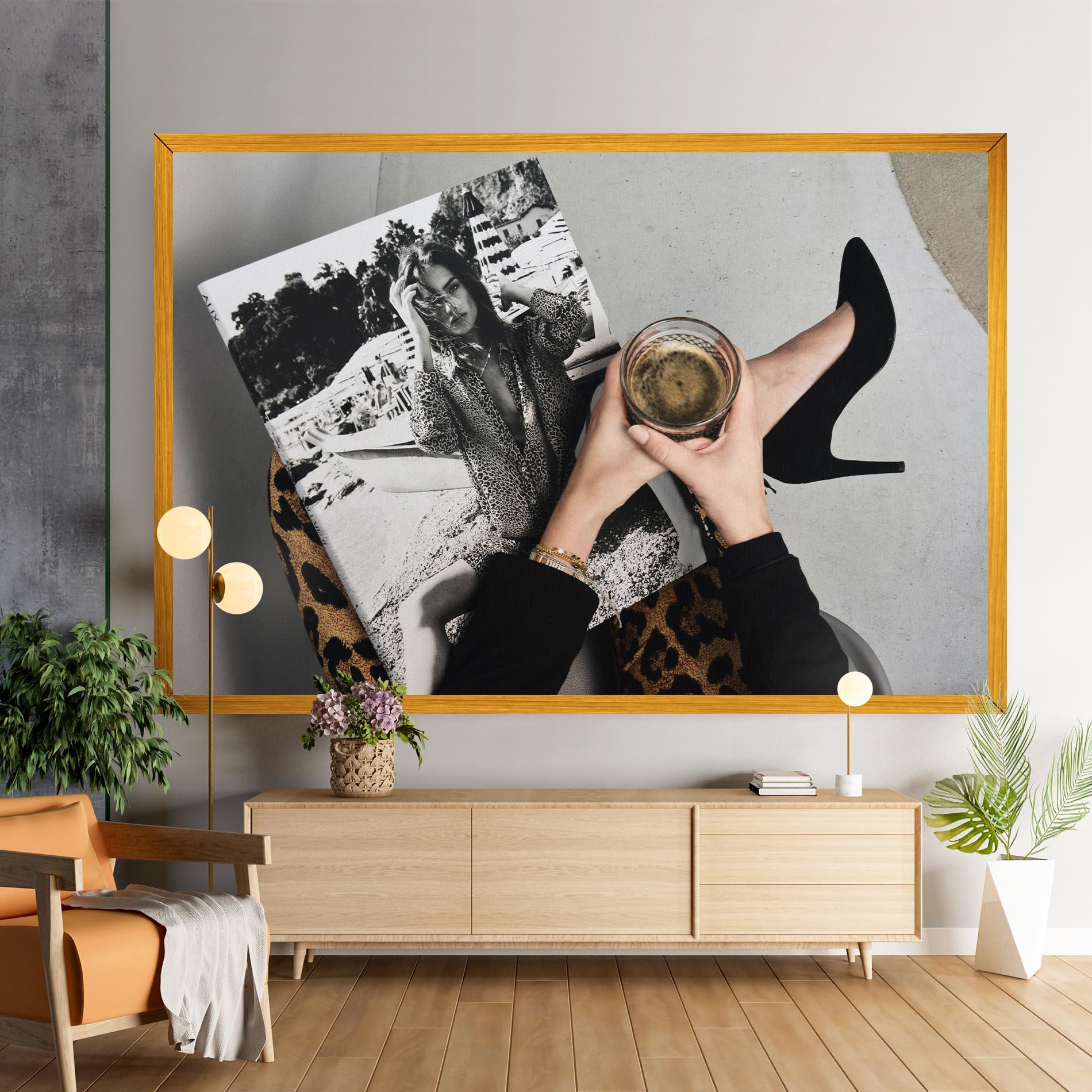 Vászonkép Black Shoes Holding Coffee mockup 9