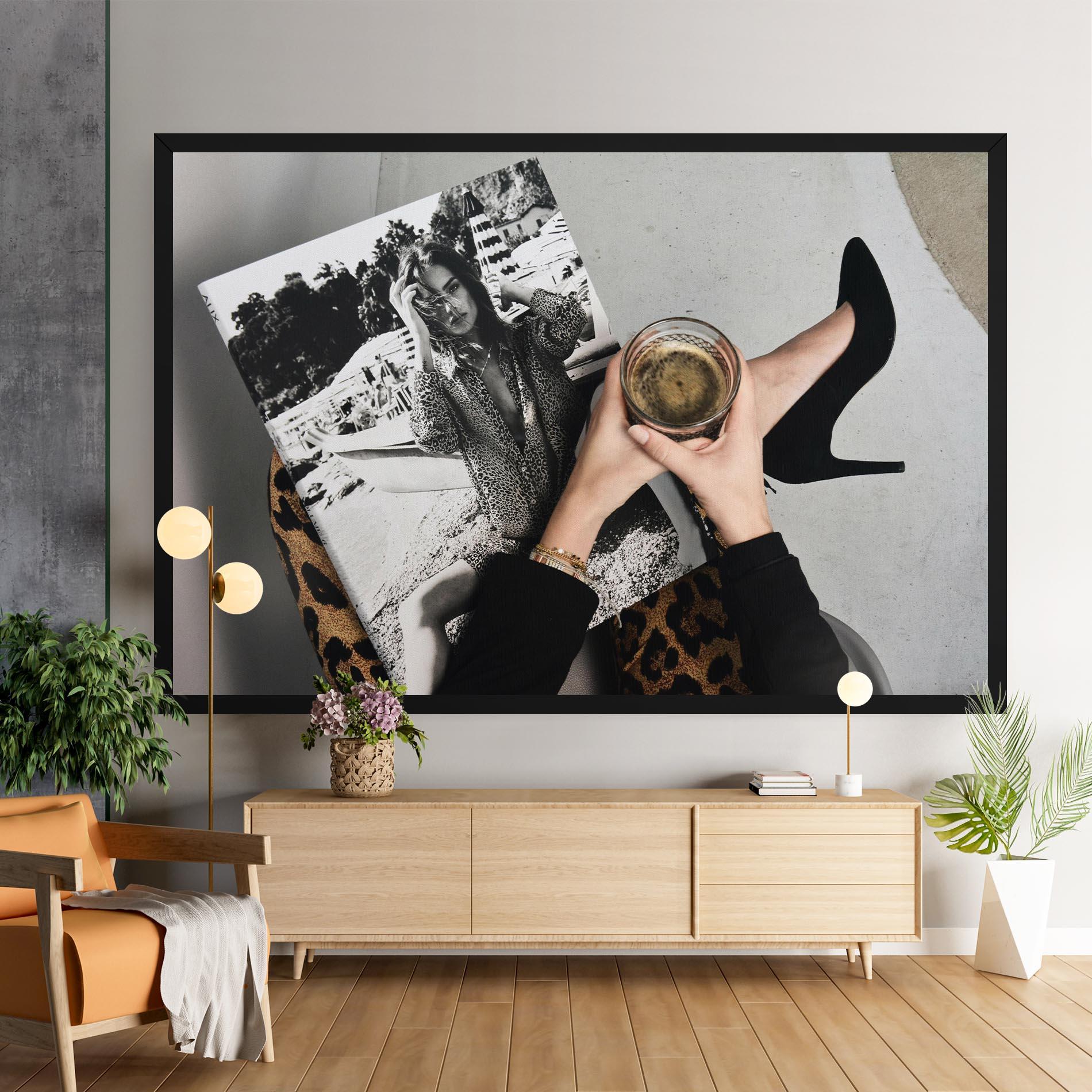 Vászonkép Black Shoes Holding Coffee mockup 9