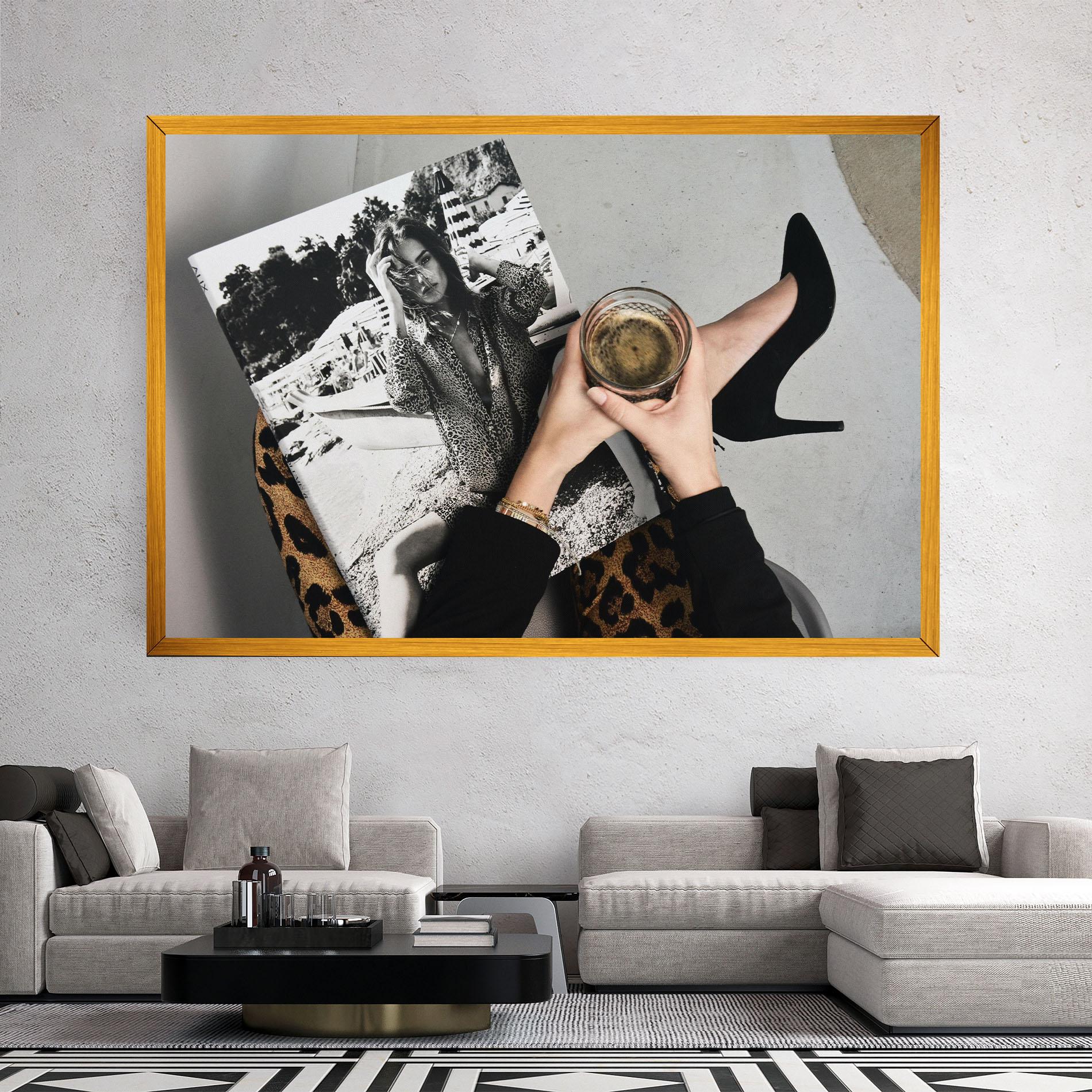 Vászonkép Black Shoes Holding Coffee mockup 2