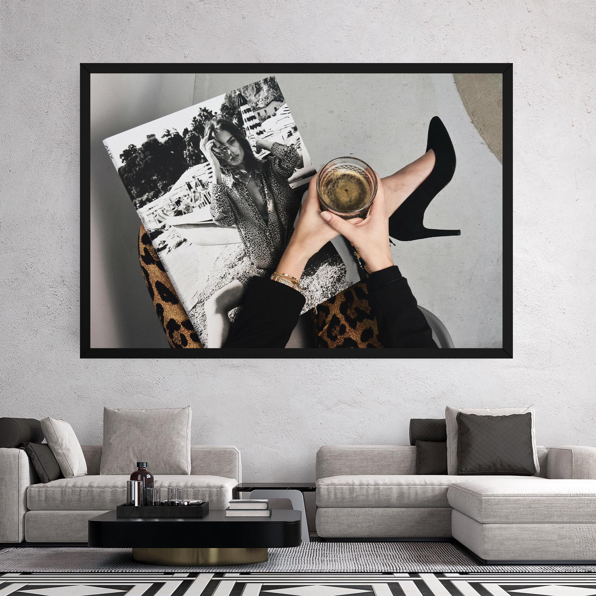 Vászonkép Black Shoes Holding Coffee mockup 2