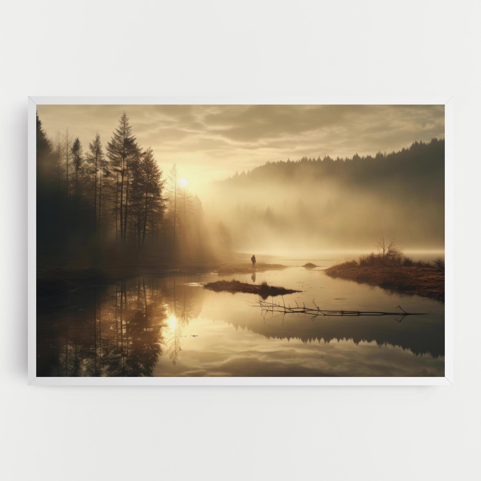 Vászonkép The Sun Is Rising Over A River In A Foggy Forest mockup 0