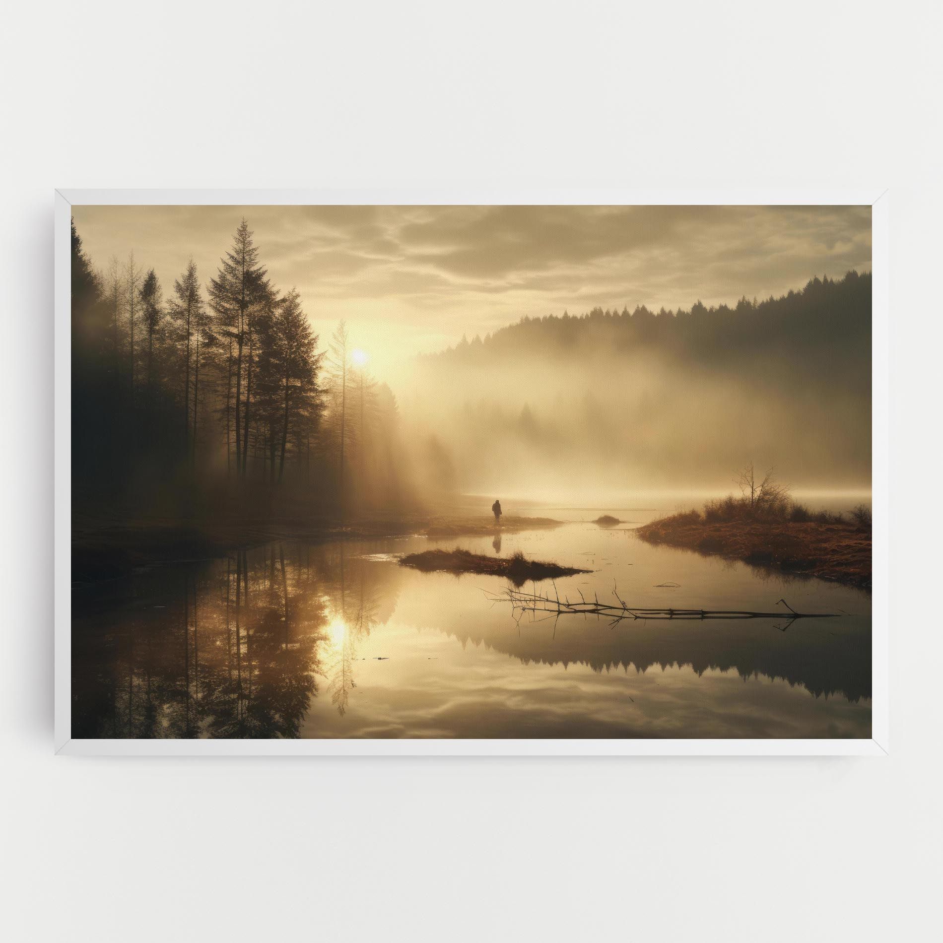 The Sun Is Rising Over A River In A Foggy Forest mockup 0
