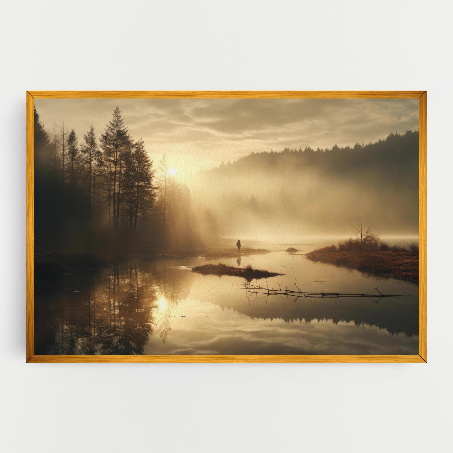 Vászonkép The Sun Is Rising Over A River In A Foggy Forest mockup 0