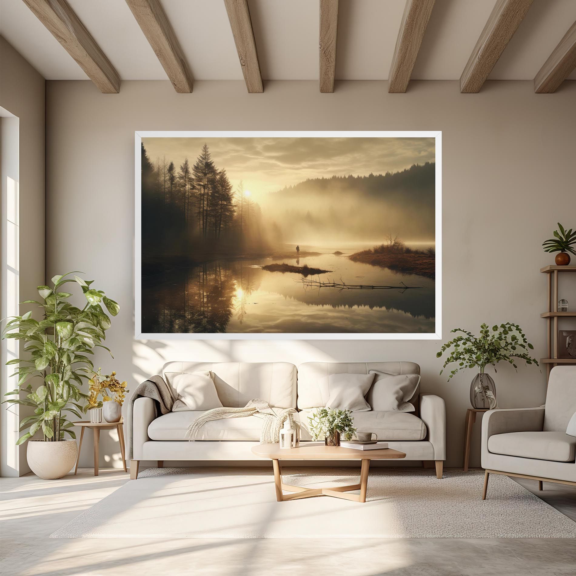 The Sun Is Rising Over A River In A Foggy Forest mockup 6