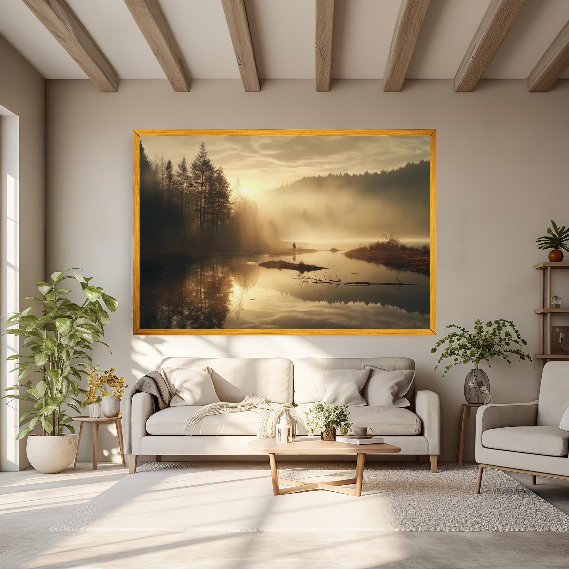The Sun Is Rising Over A River In A Foggy Forest mockup 6