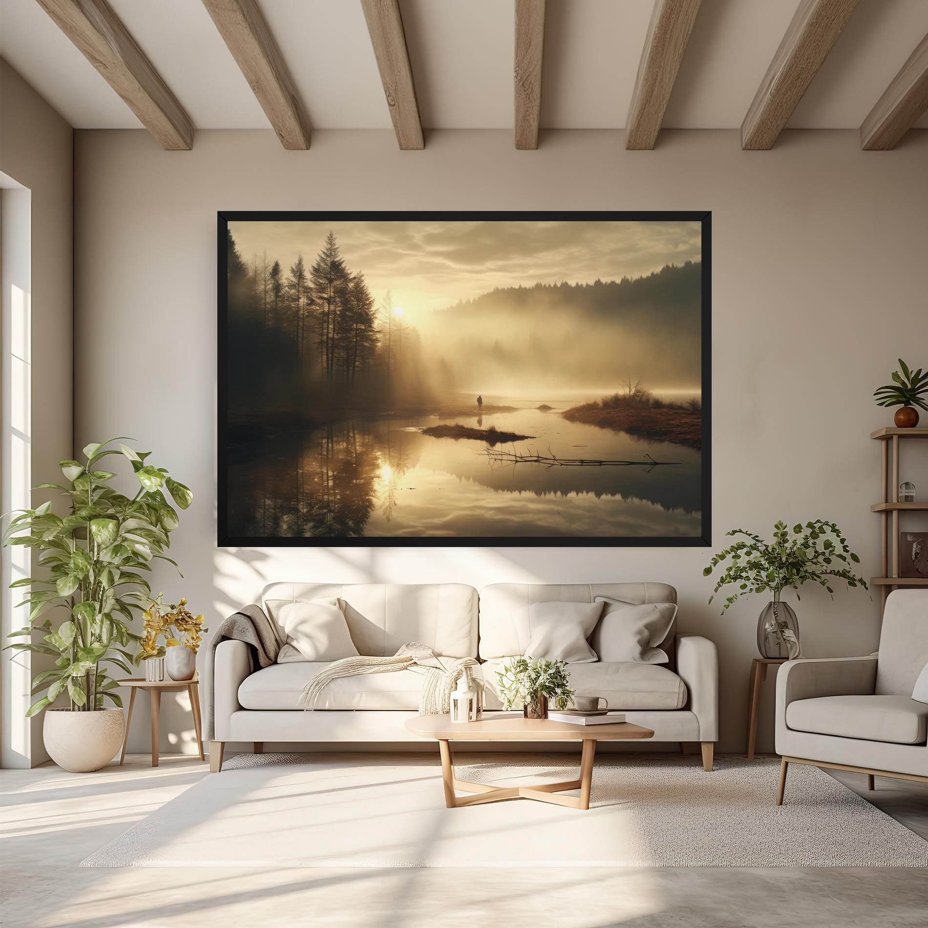 The Sun Is Rising Over A River In A Foggy Forest mockup 6