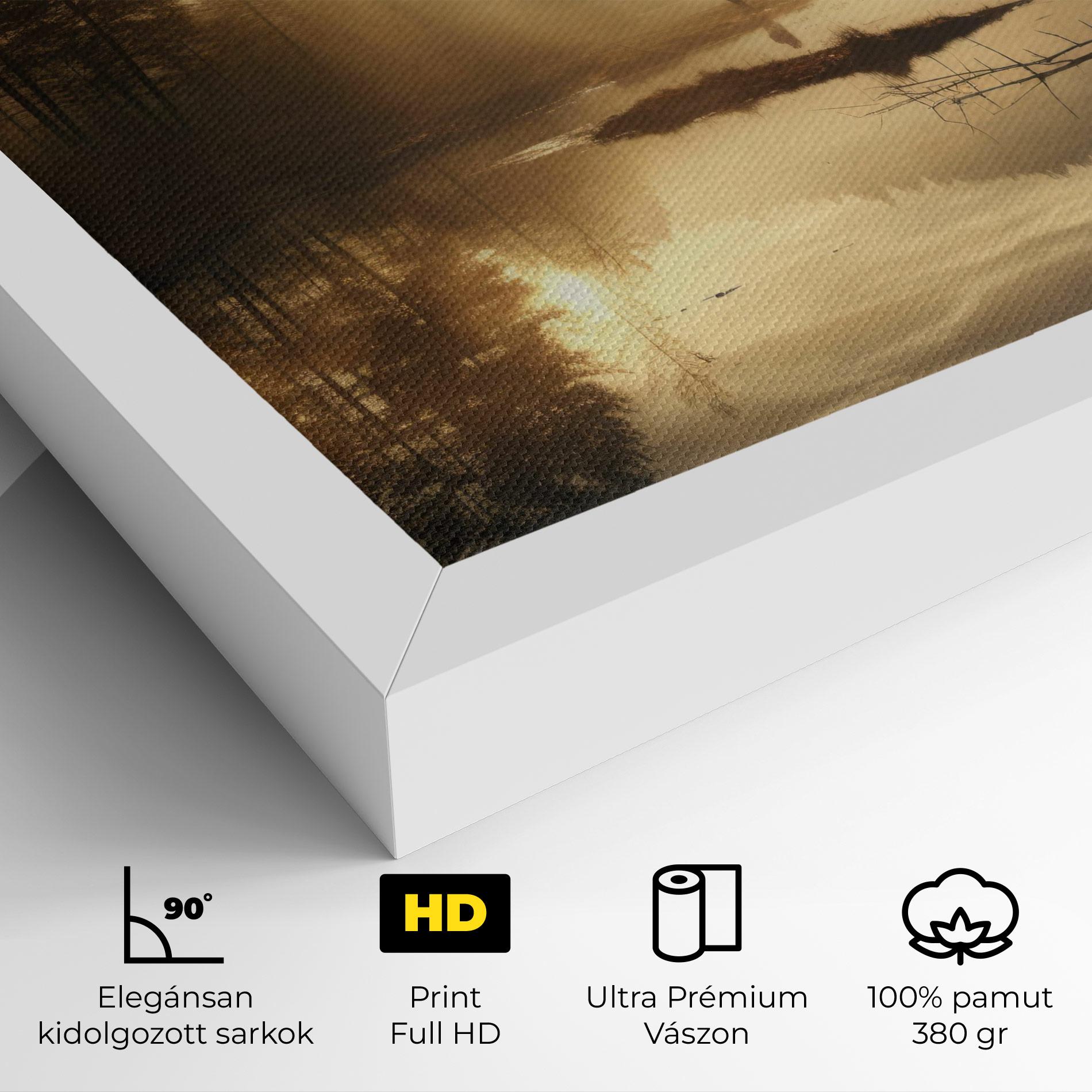 Vászonkép The Sun Is Rising Over A River In A Foggy Forest mockup 4