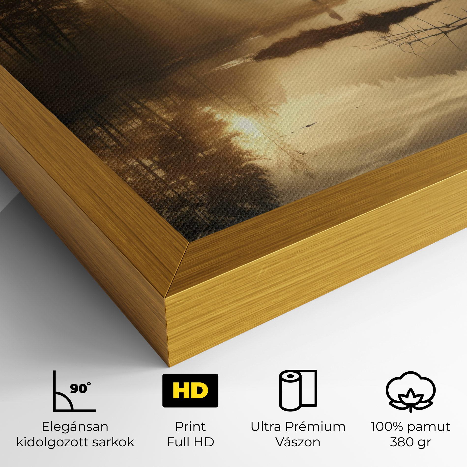 Vászonkép The Sun Is Rising Over A River In A Foggy Forest mockup 4