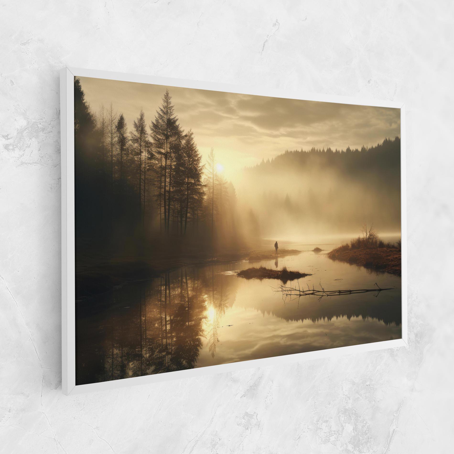 Vászonkép The Sun Is Rising Over A River In A Foggy Forest mockup 1