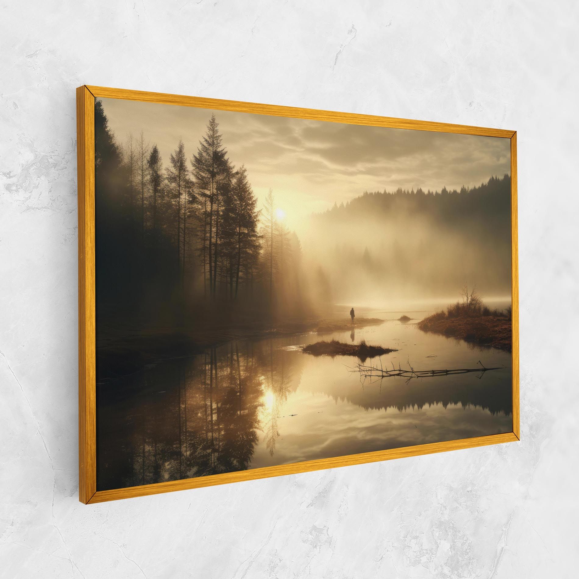 The Sun Is Rising Over A River In A Foggy Forest mockup 1