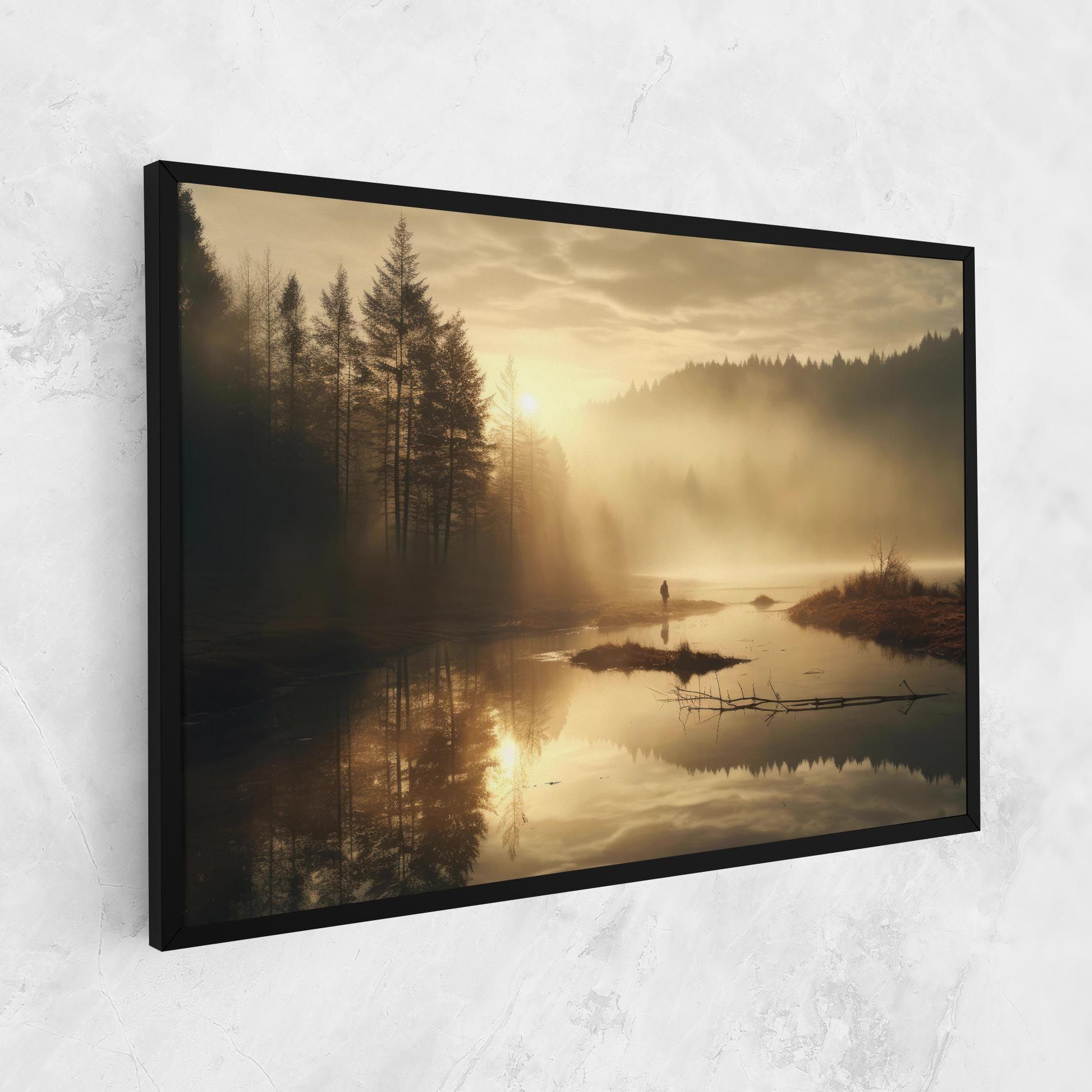 The Sun Is Rising Over A River In A Foggy Forest mockup 1