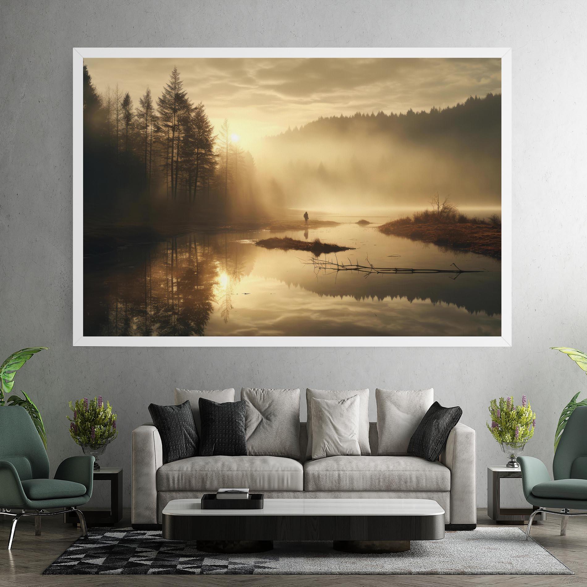 Vászonkép The Sun Is Rising Over A River In A Foggy Forest mockup 7