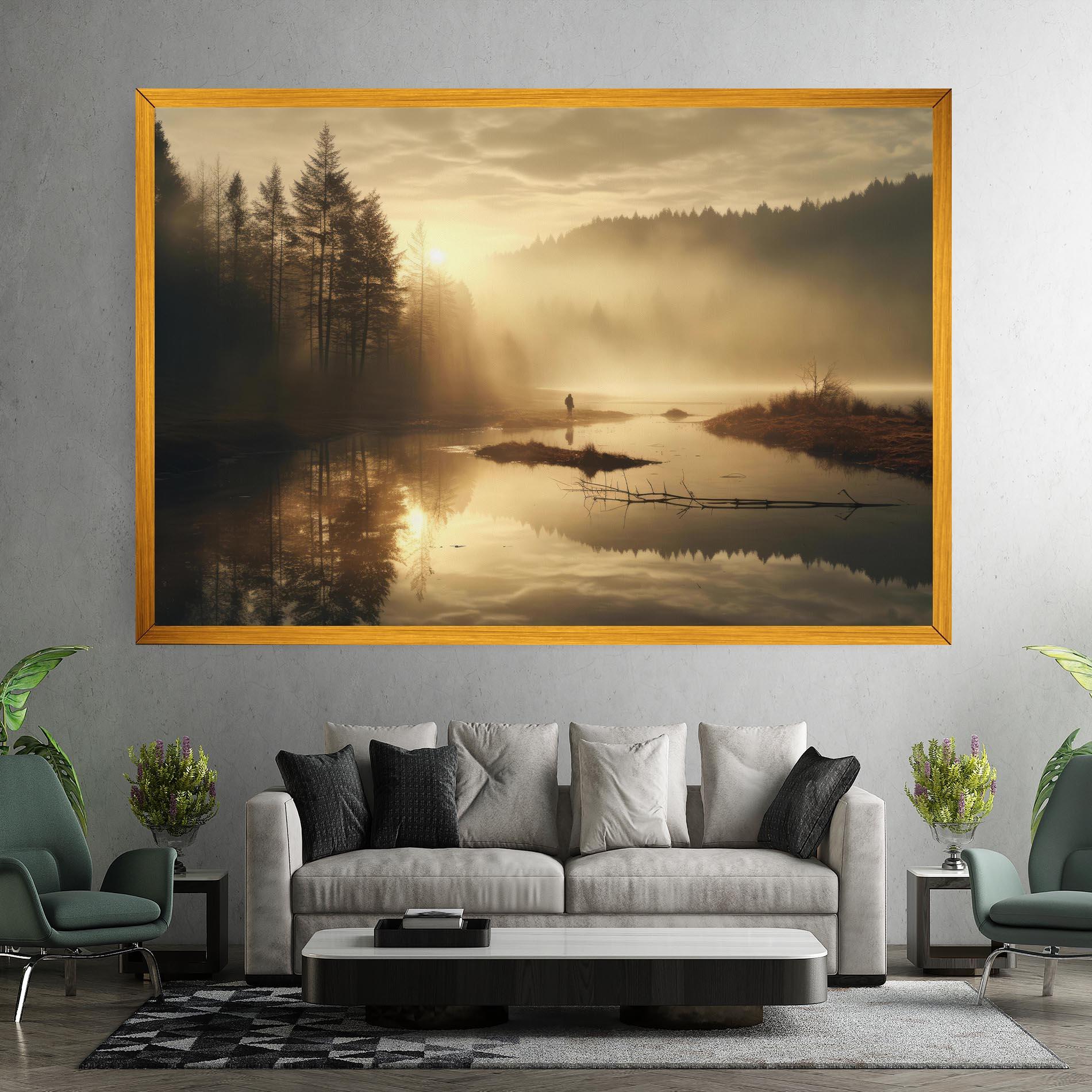 Vászonkép The Sun Is Rising Over A River In A Foggy Forest mockup 7