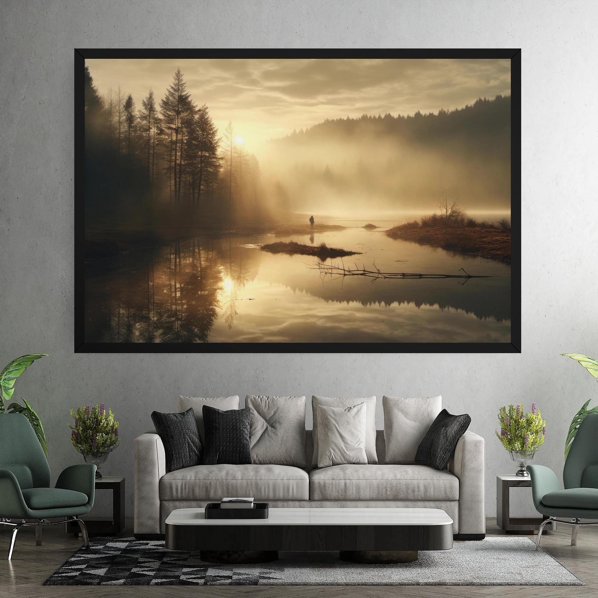 The Sun Is Rising Over A River In A Foggy Forest mockup 7