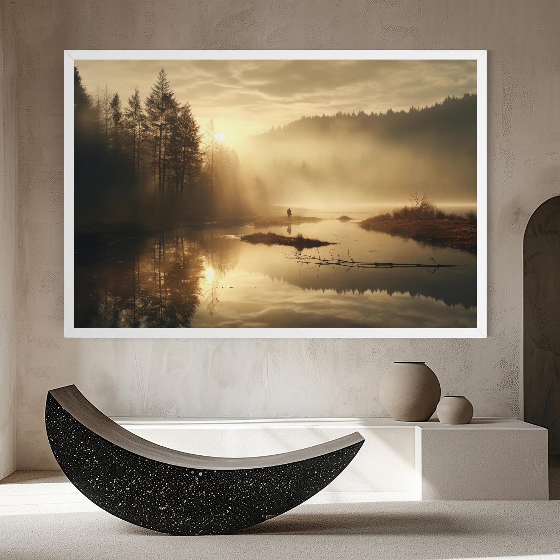 Vászonkép The Sun Is Rising Over A River In A Foggy Forest mockup 8