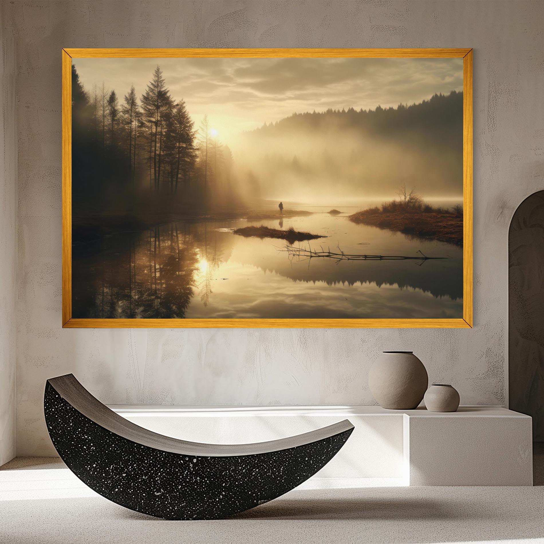 Vászonkép The Sun Is Rising Over A River In A Foggy Forest mockup 8