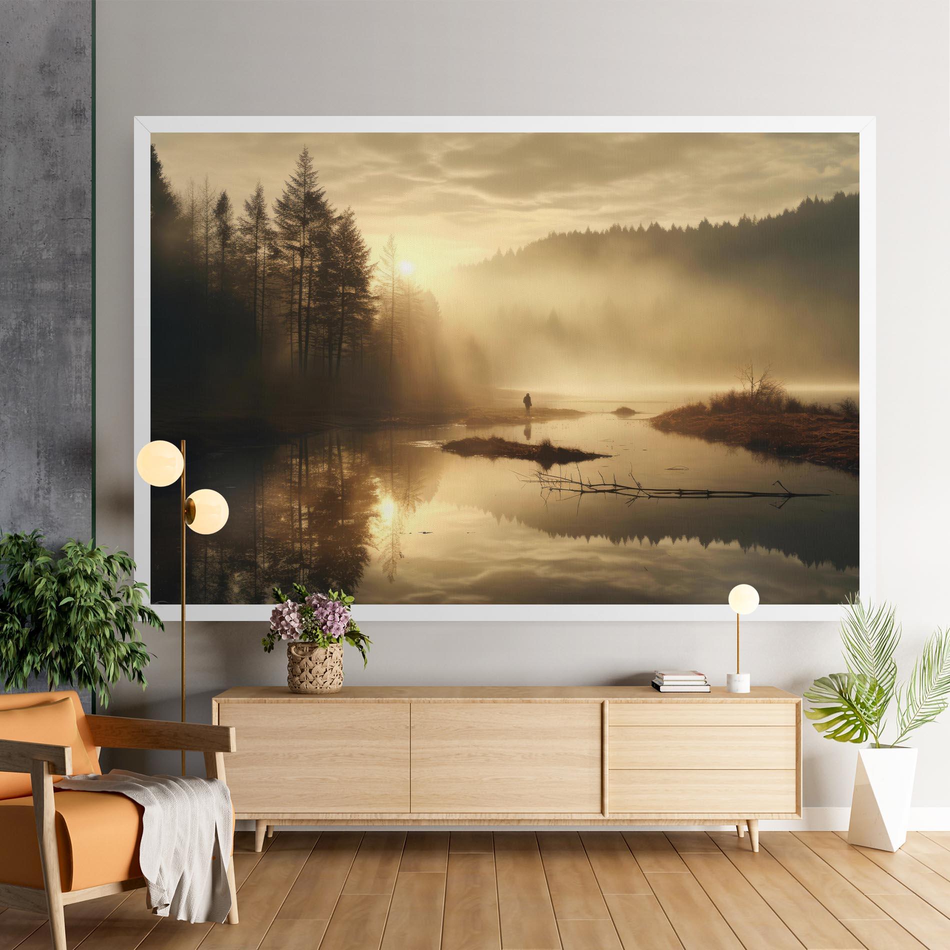 Vászonkép The Sun Is Rising Over A River In A Foggy Forest mockup 9