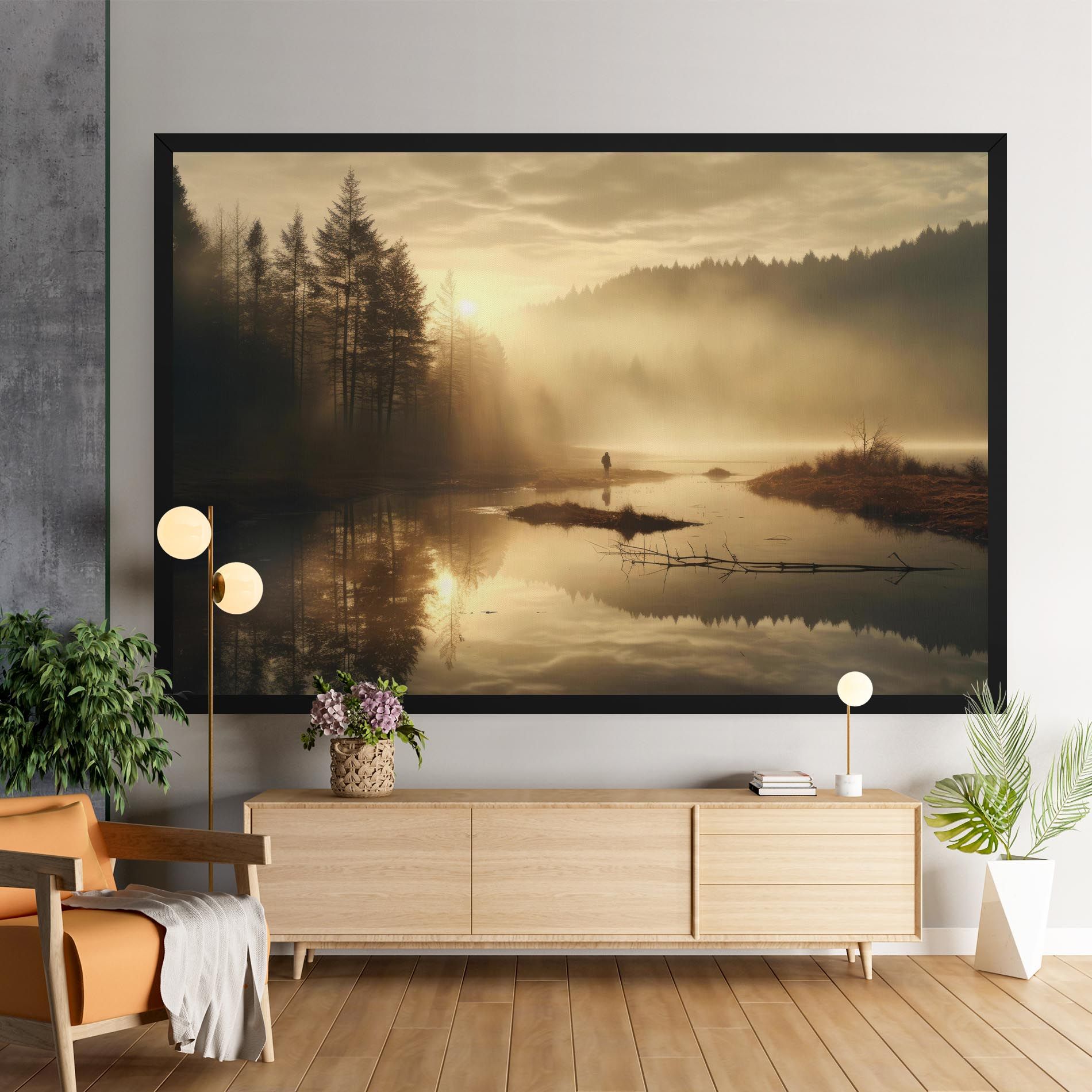 The Sun Is Rising Over A River In A Foggy Forest mockup 9