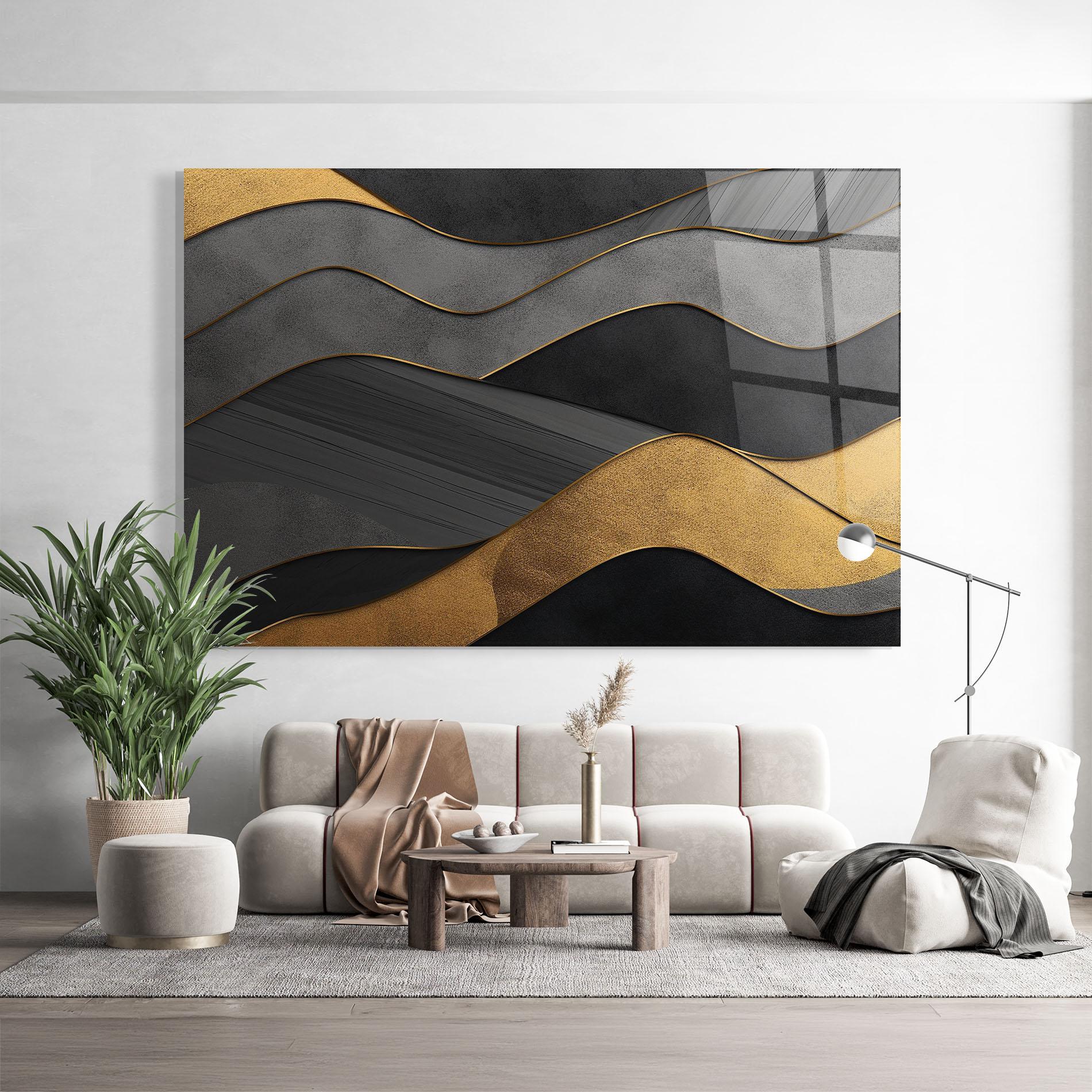 Üvegkép Abstract Gold And Grey Waves mockup 9