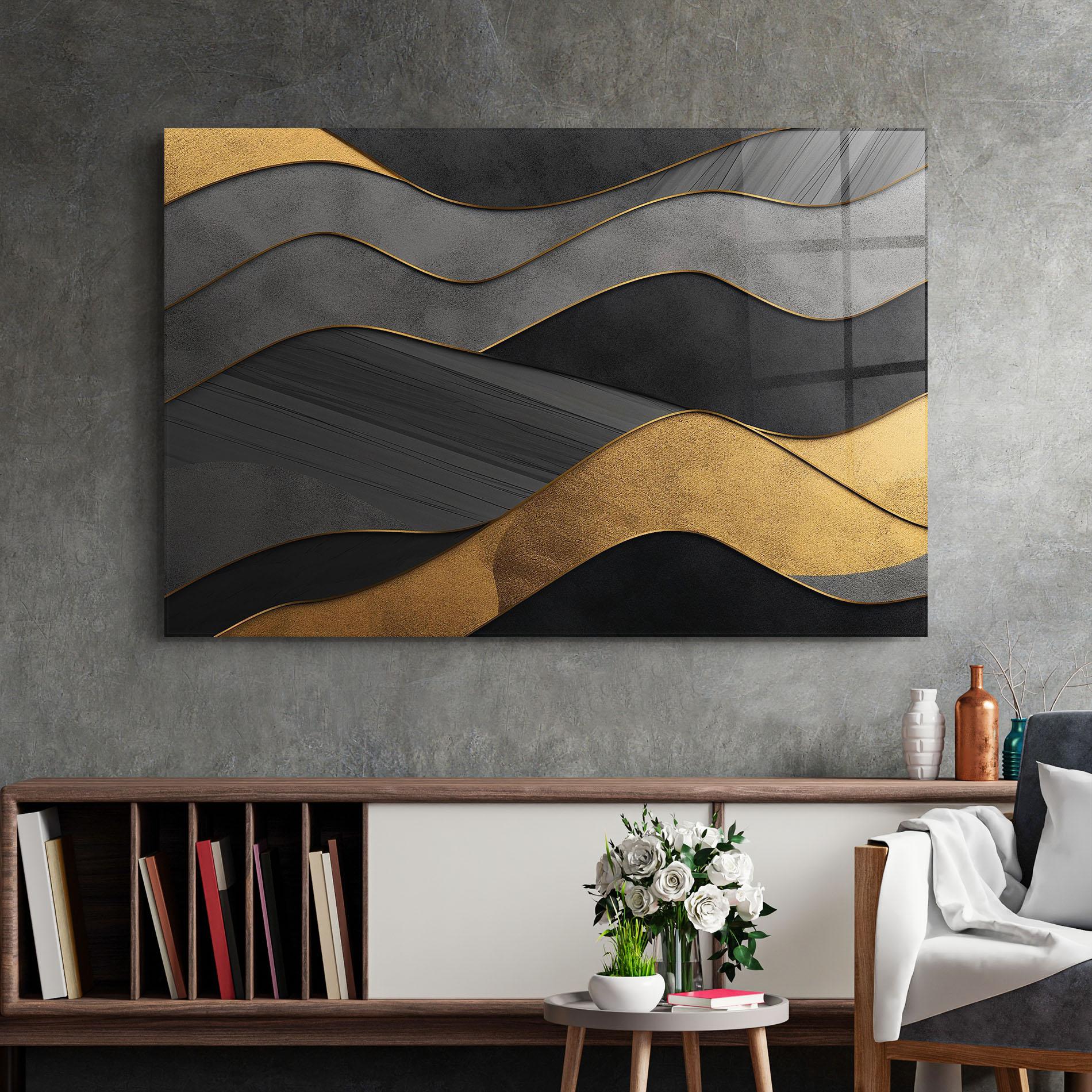 Üvegkép Abstract Gold And Grey Waves mockup 2