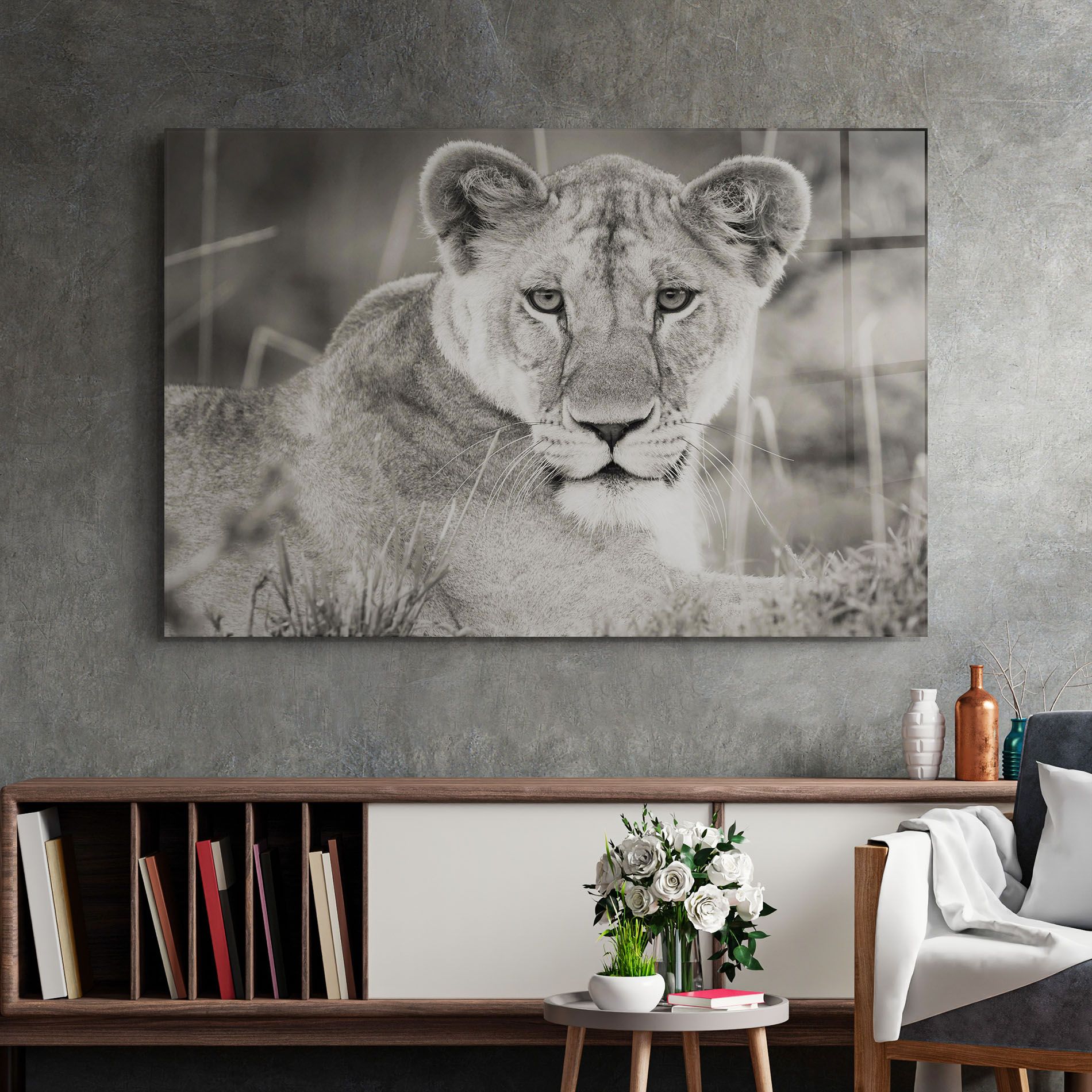 Grey Female Lion Looking mockup 2