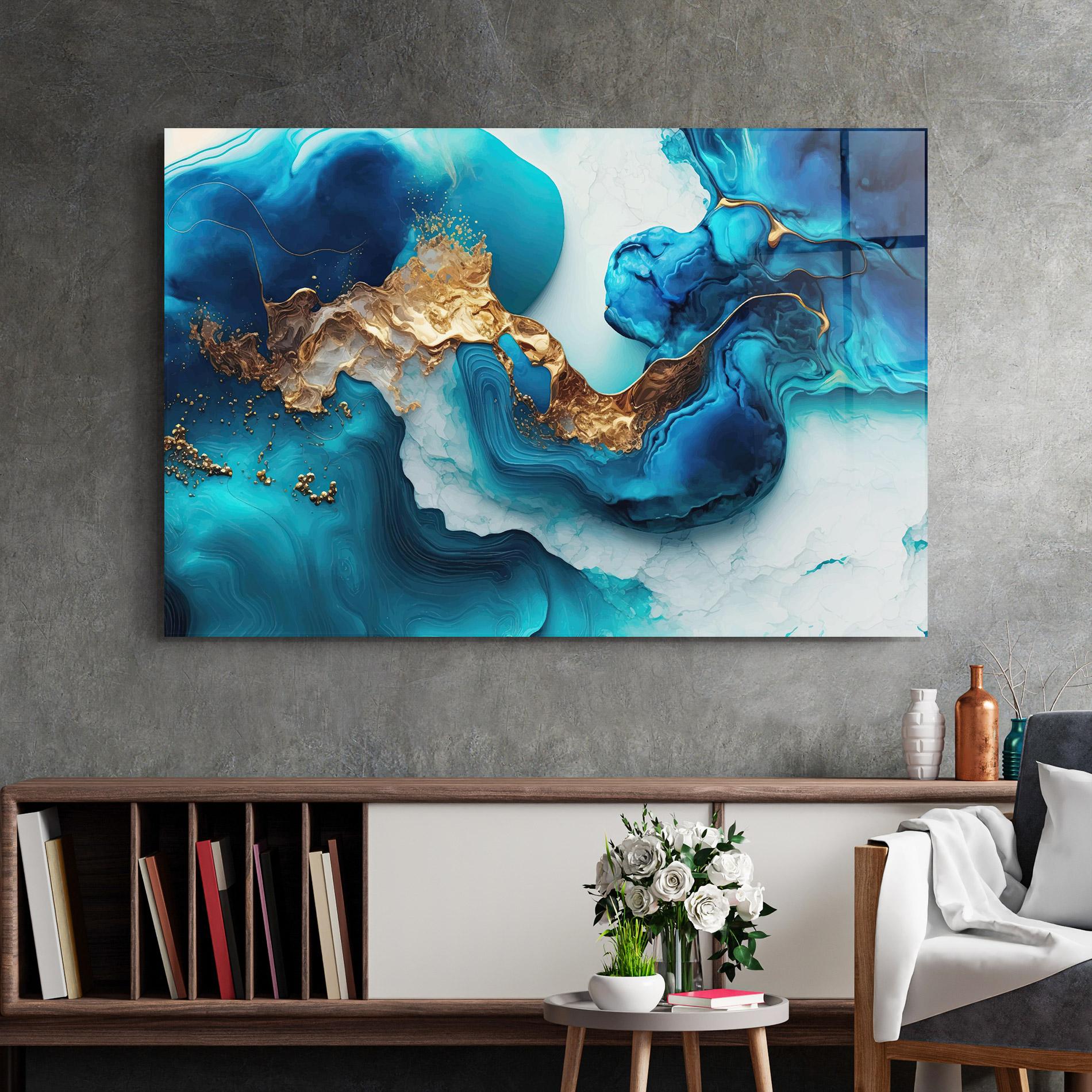 Üvegkép Gold Blue Art Wave mockup 2