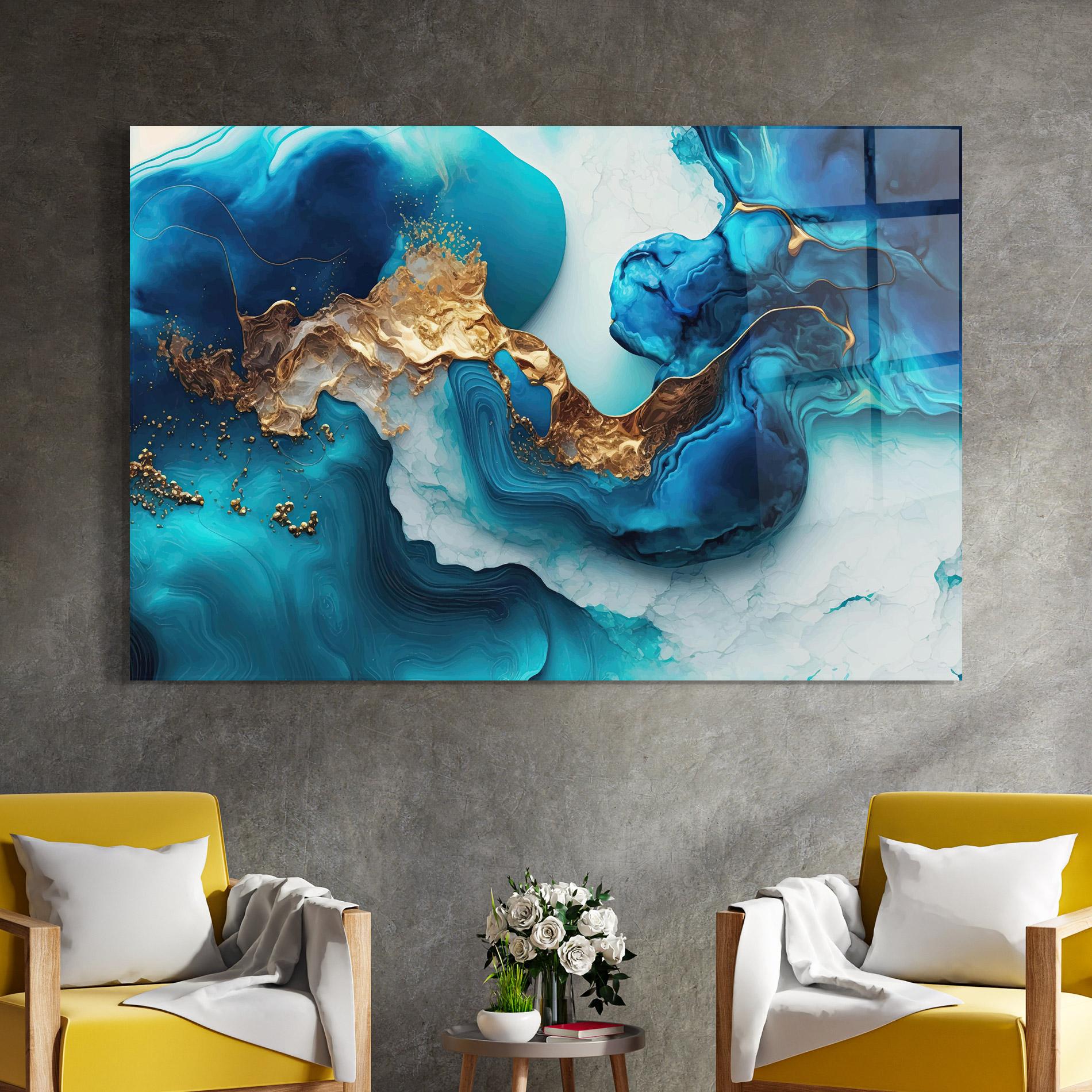 Üvegkép Gold Blue Art Wave mockup 4