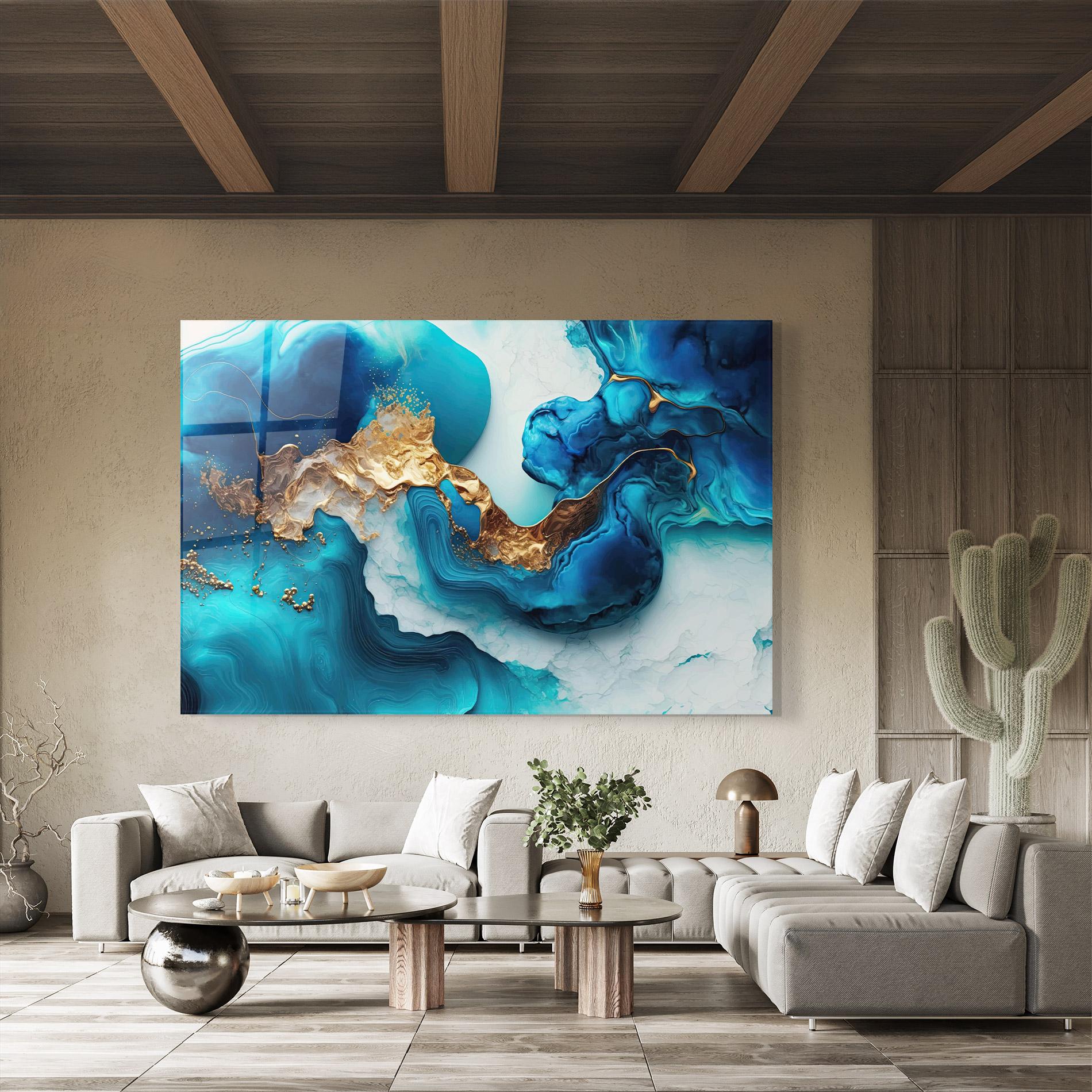 Üvegkép Gold Blue Art Wave mockup 8