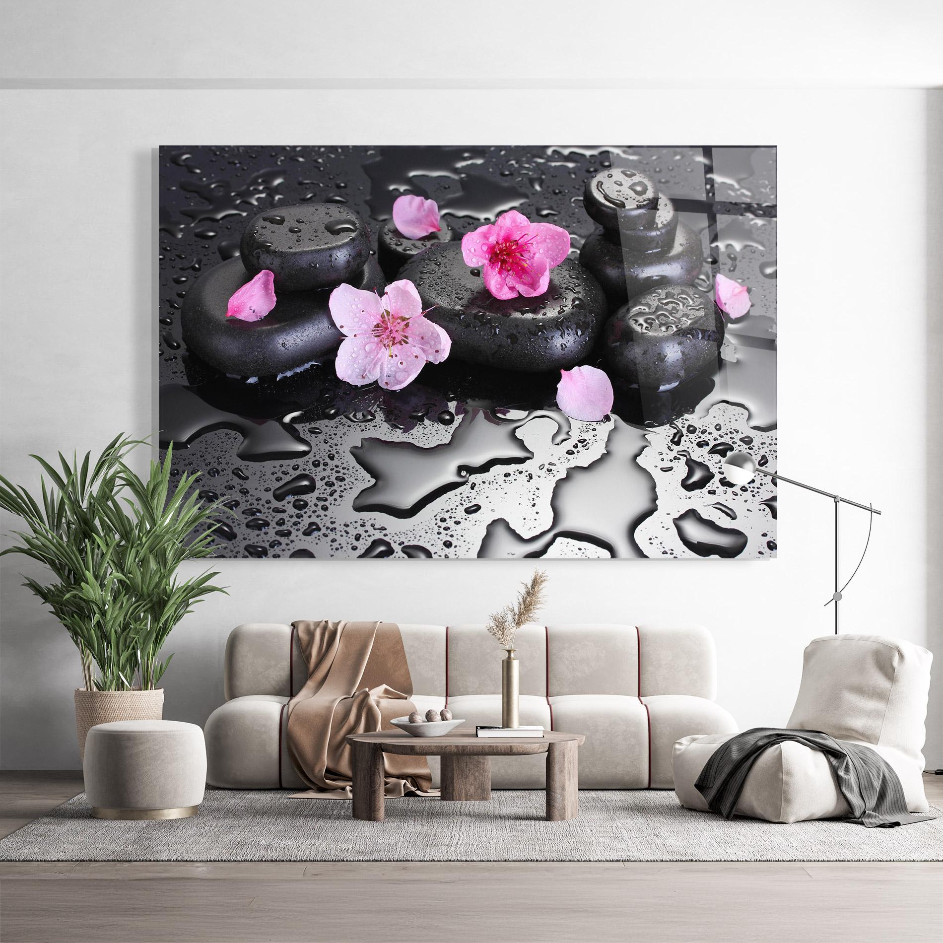 Üvegkép Pink Flowers Stones mockup 9