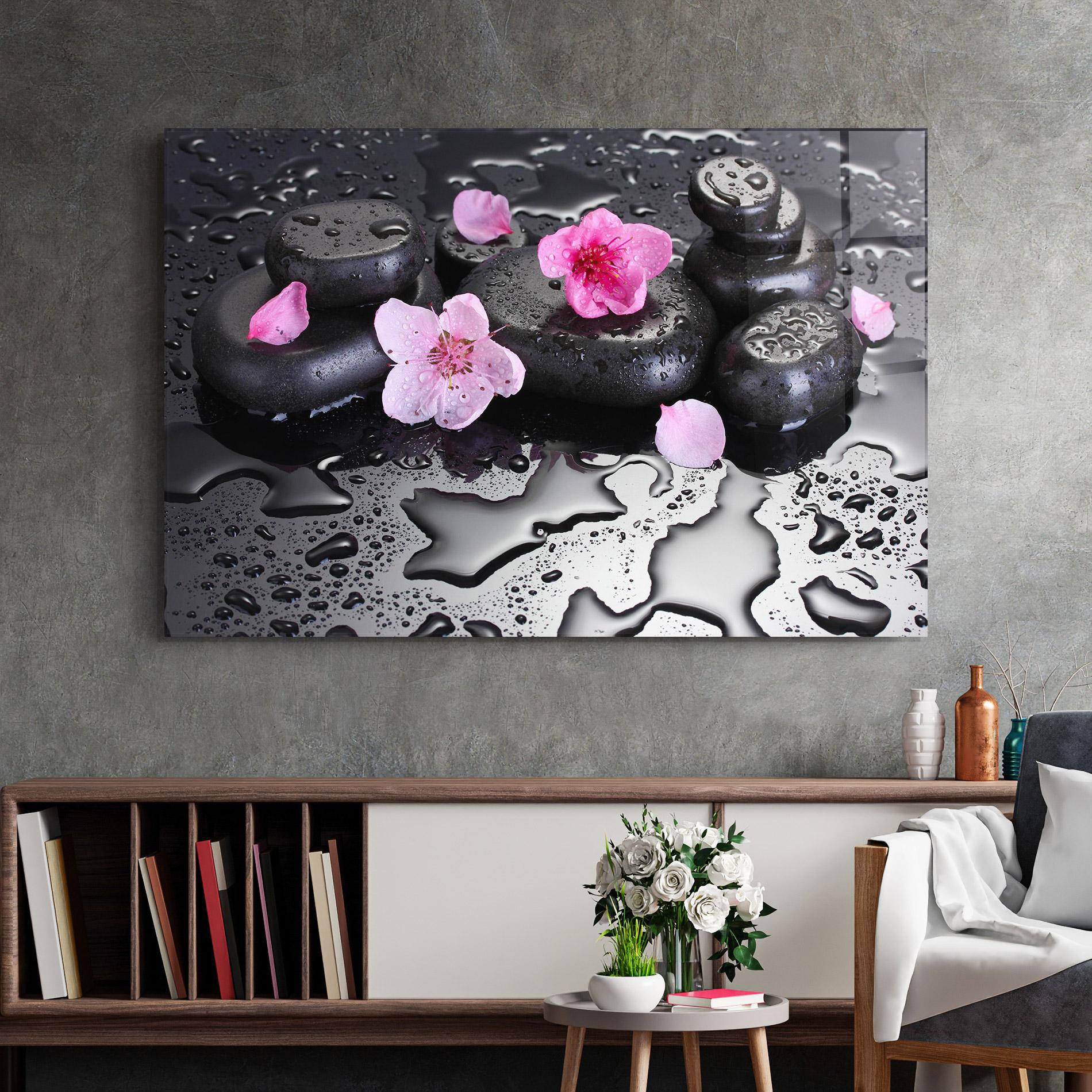 Üvegkép Pink Flowers Stones mockup 2