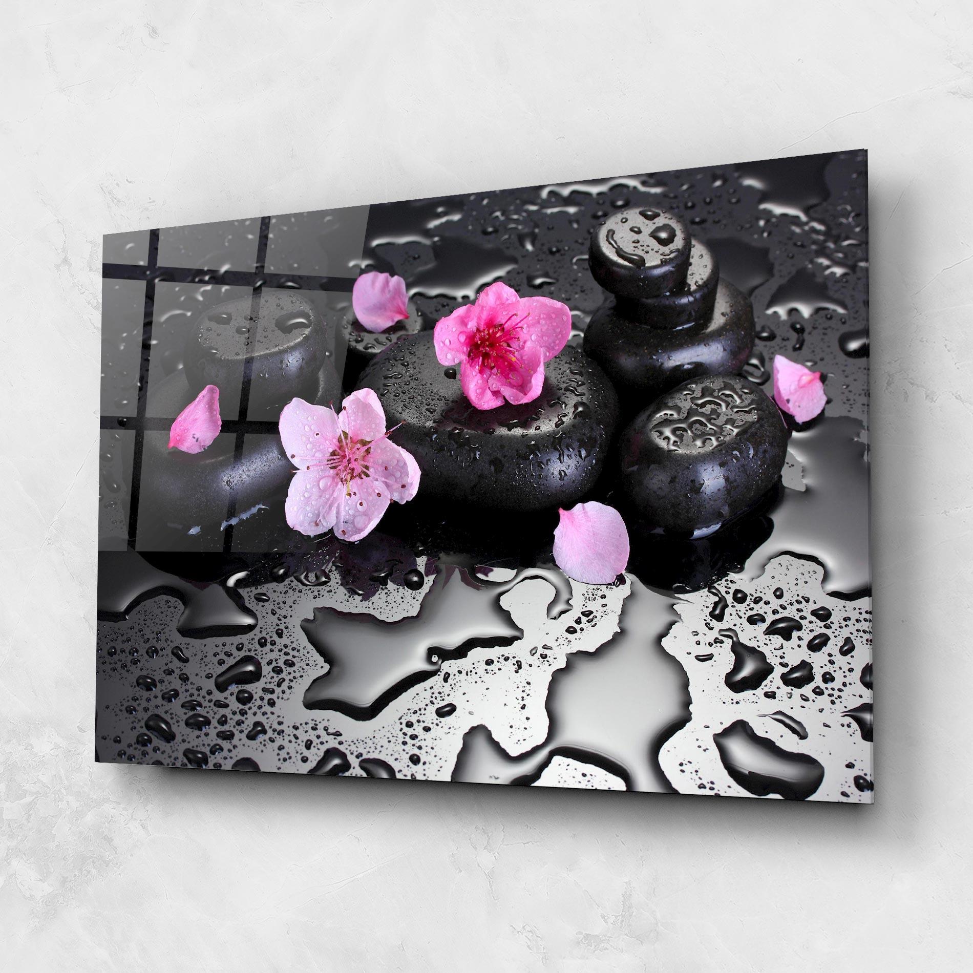 Üvegkép Pink Flowers Stones mockup 1