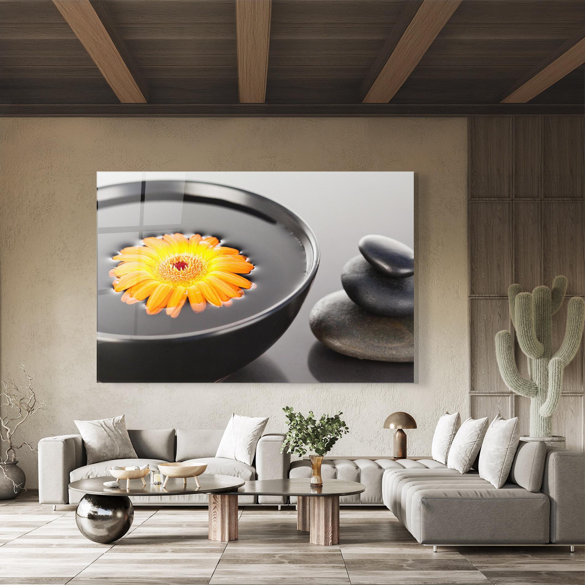 Üvegkép Orange Flower Stones mockup 8