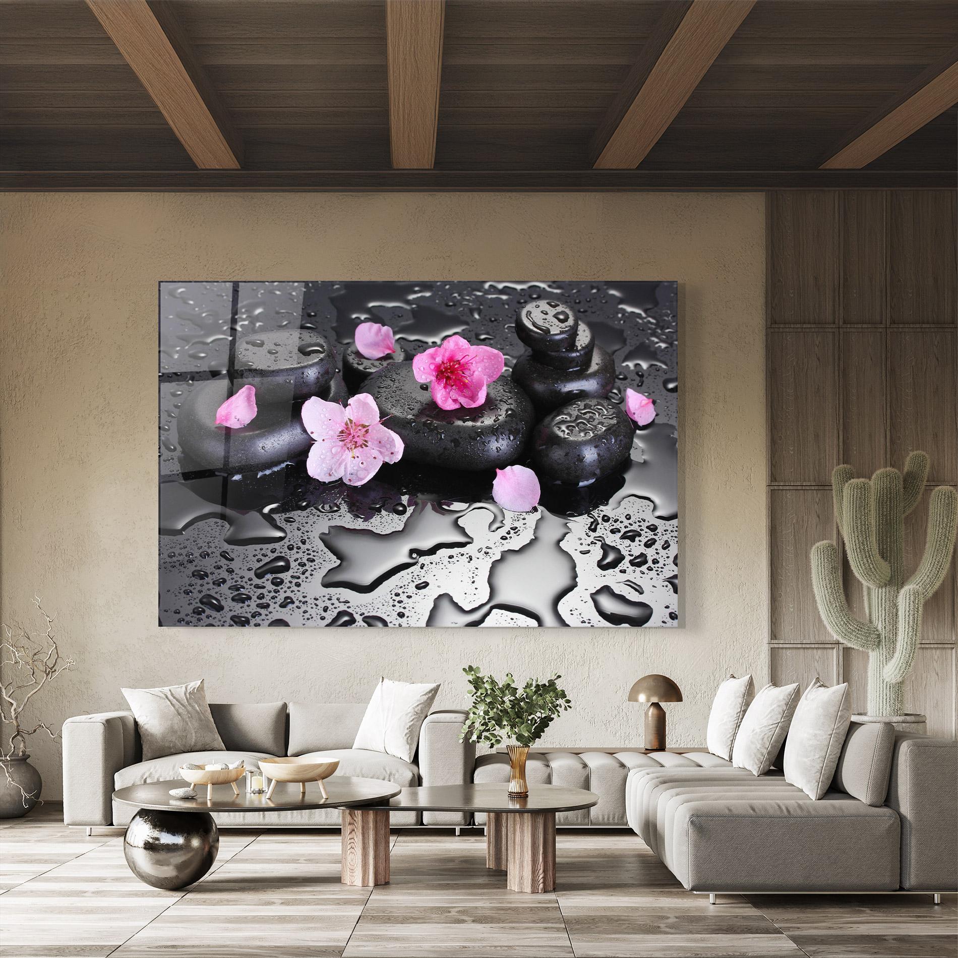 Üvegkép Pink Flowers Stones mockup 8